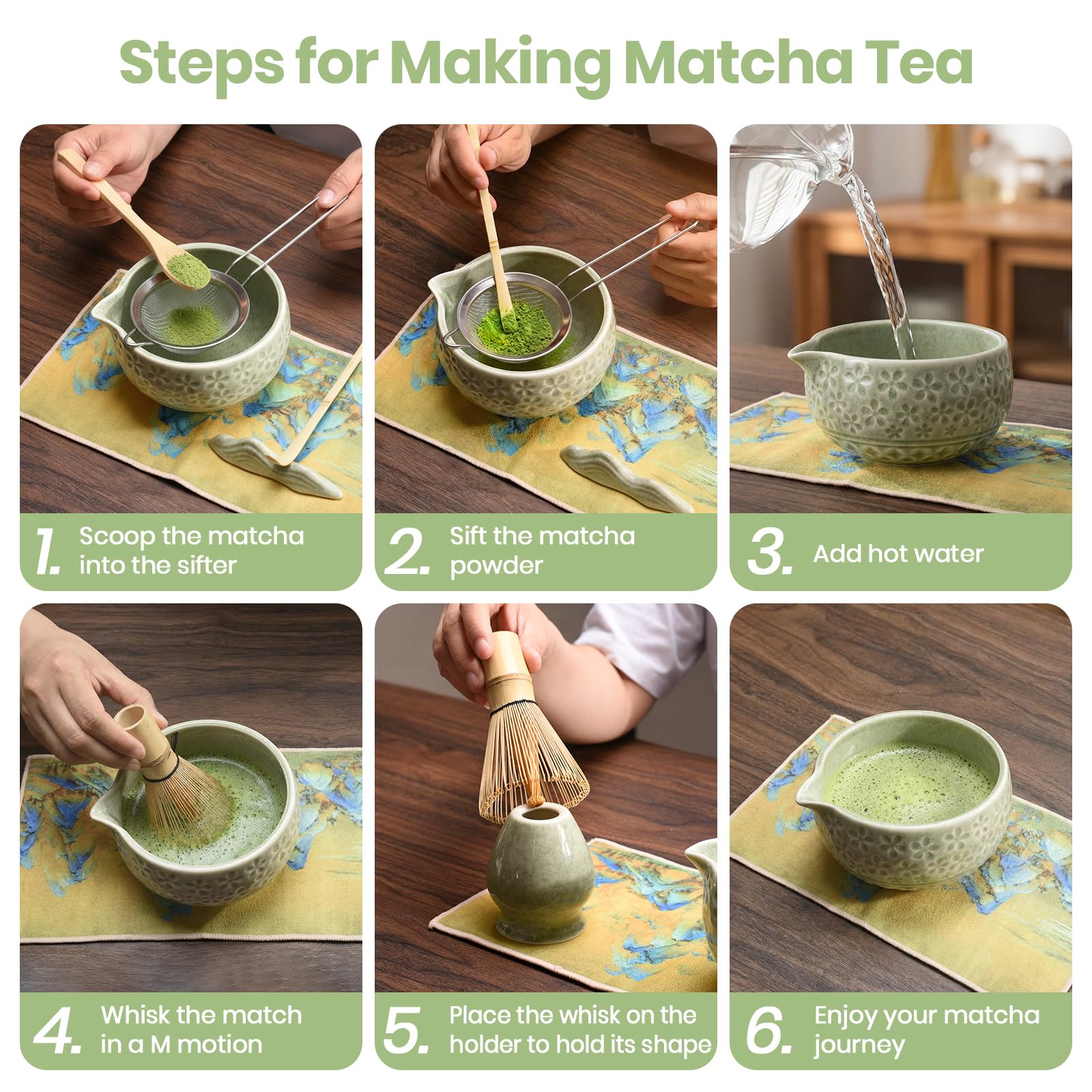 Matcha Kit | Set de Regalo de Ceremonia del Té Matcha 9 Piezas | Cuenco 560ml, Batidor, Cuchara de Bambú, Soporte, Posavasos, Frasco y Colador | Ideal para Principiantes y Entusiastas (Verde)