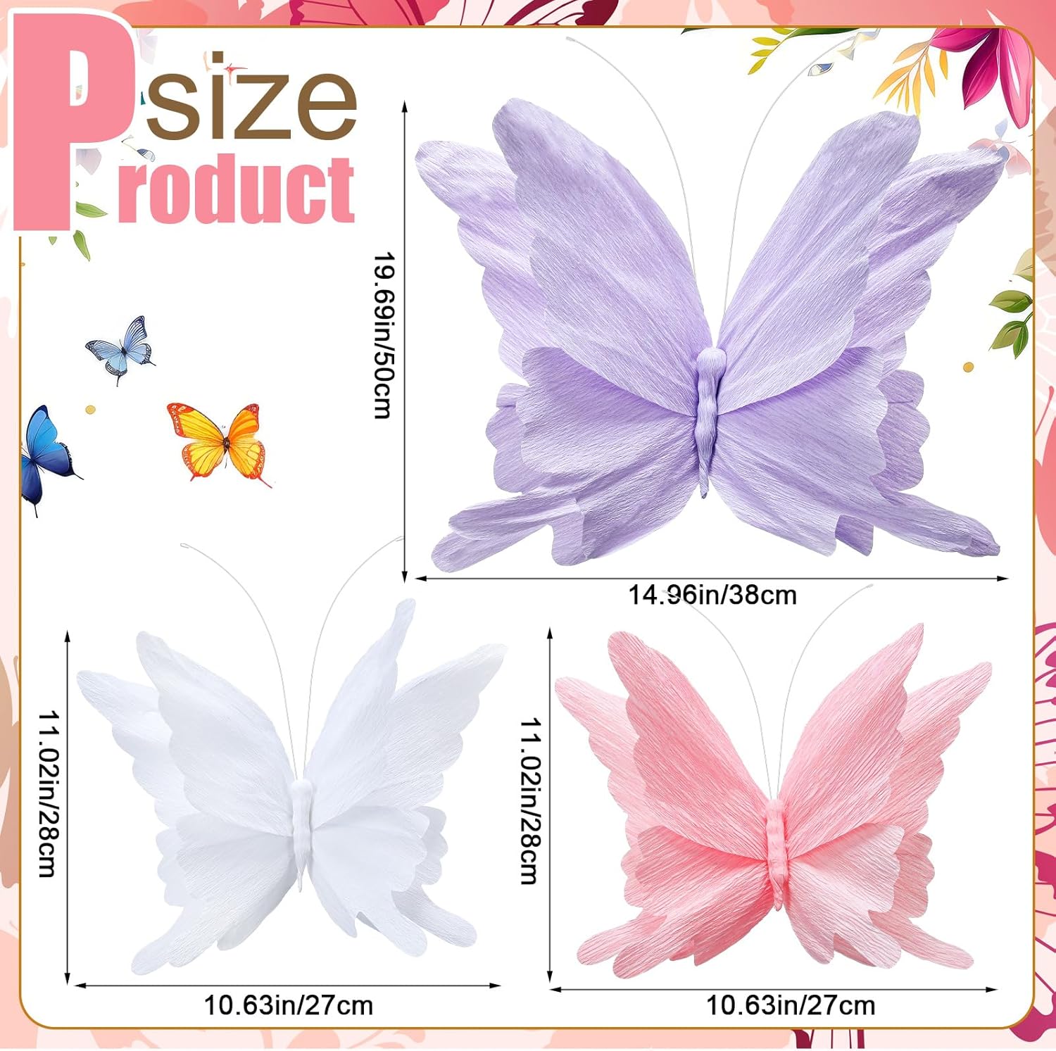 3 Pcs Large Butterfly Party Decorations Hanging 3D Crepe Paper Butterfly Decoration Mariposas Grandes para Decoracion for Wedding Party Birthday Baby Shower Garden(Purple, Pink, White,11inch,20 Inch)