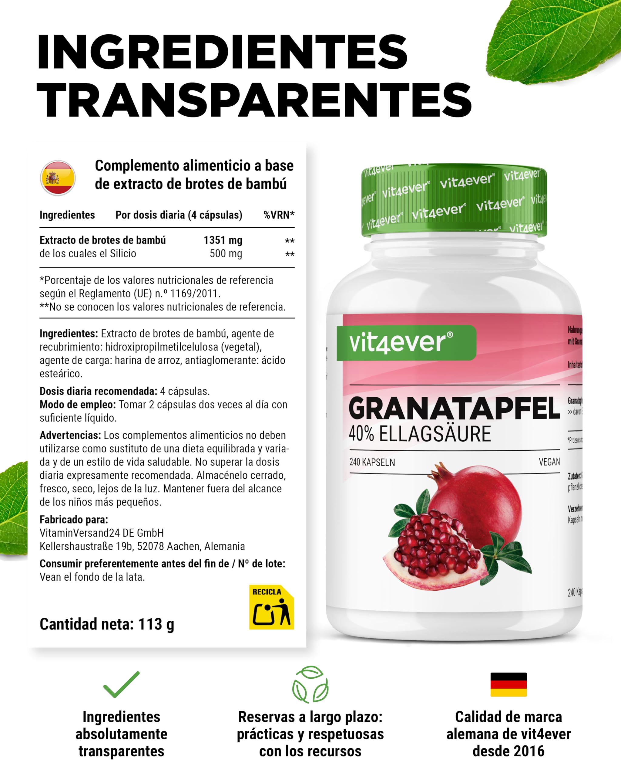 Extracto de Granada - 240 cápsulas veganas - Extracto natural de primera calidad con 40% de ácido elágico - Dosis alta - Vegano
