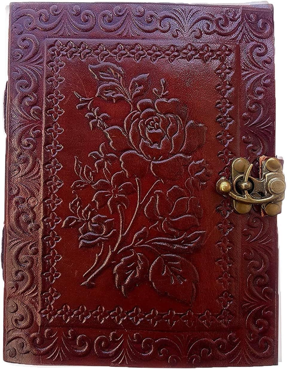 7" Leather Journal with clasp Rose emboss Writing Pad Blank Notebook Handmade Notepad For Girls Women Unlined Paper Best Present for girlfriend lover Sketchbook