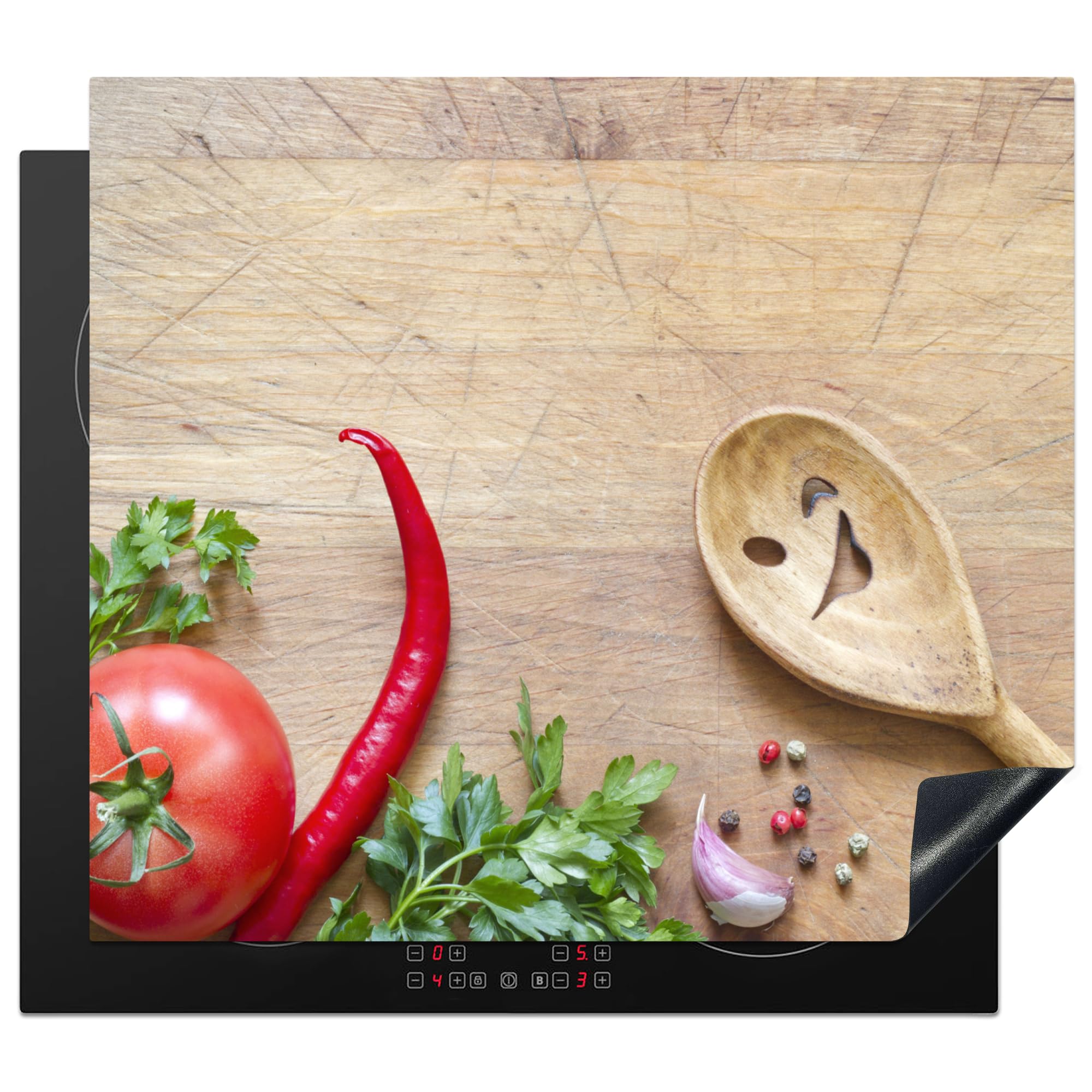 KitchenYeah© Induction Hob Cover Protector Mat 20.5"x23.6" / 60x52 cm Kitchen Universal Ceramic Covers for Electric Cookers Vinyl Vegetable - Wood Texture - Ladle - Smiley - Tomato — image 1