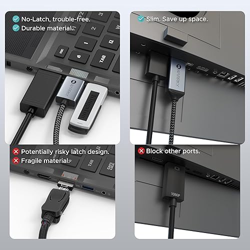 Miniatura 9 de Warrky Paquete de 2 adaptadores de cable DisplayPort a HDMI 4K de 3.3 pies carcasa de aluminio, trenzado de nailon de alta velocidad (1440P 60Hz,