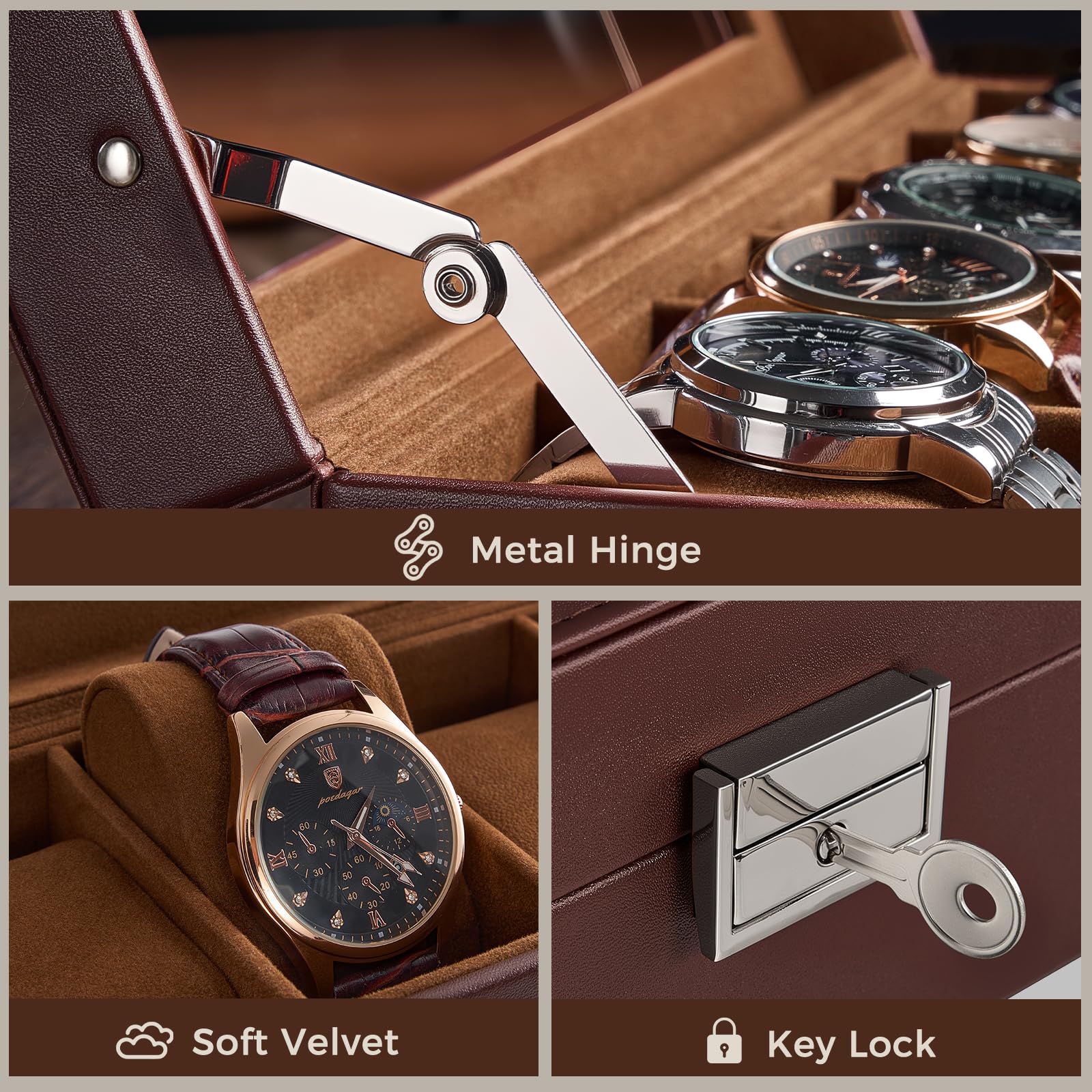 Scatola porta orologi a 6 scomparti per uomo, organizer per orologi da uomo in pelle PU con morbido cuscino, contenitore per collezione di orologi con chiusura a chiave e coperchio in vetro,