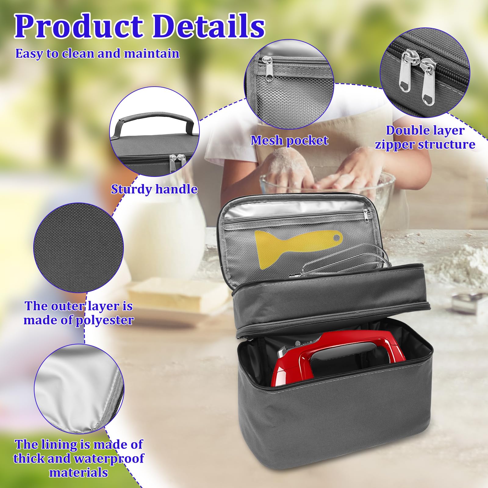 Handmixer Aufbewahrungstasche 2 Schichten Handheld Organizer mit Griff und Doppelten Reißverschlüssen Immersion Blender Tasche ragbare Reise Aufbewahrungstasche Tasche für Mixer Zubehör