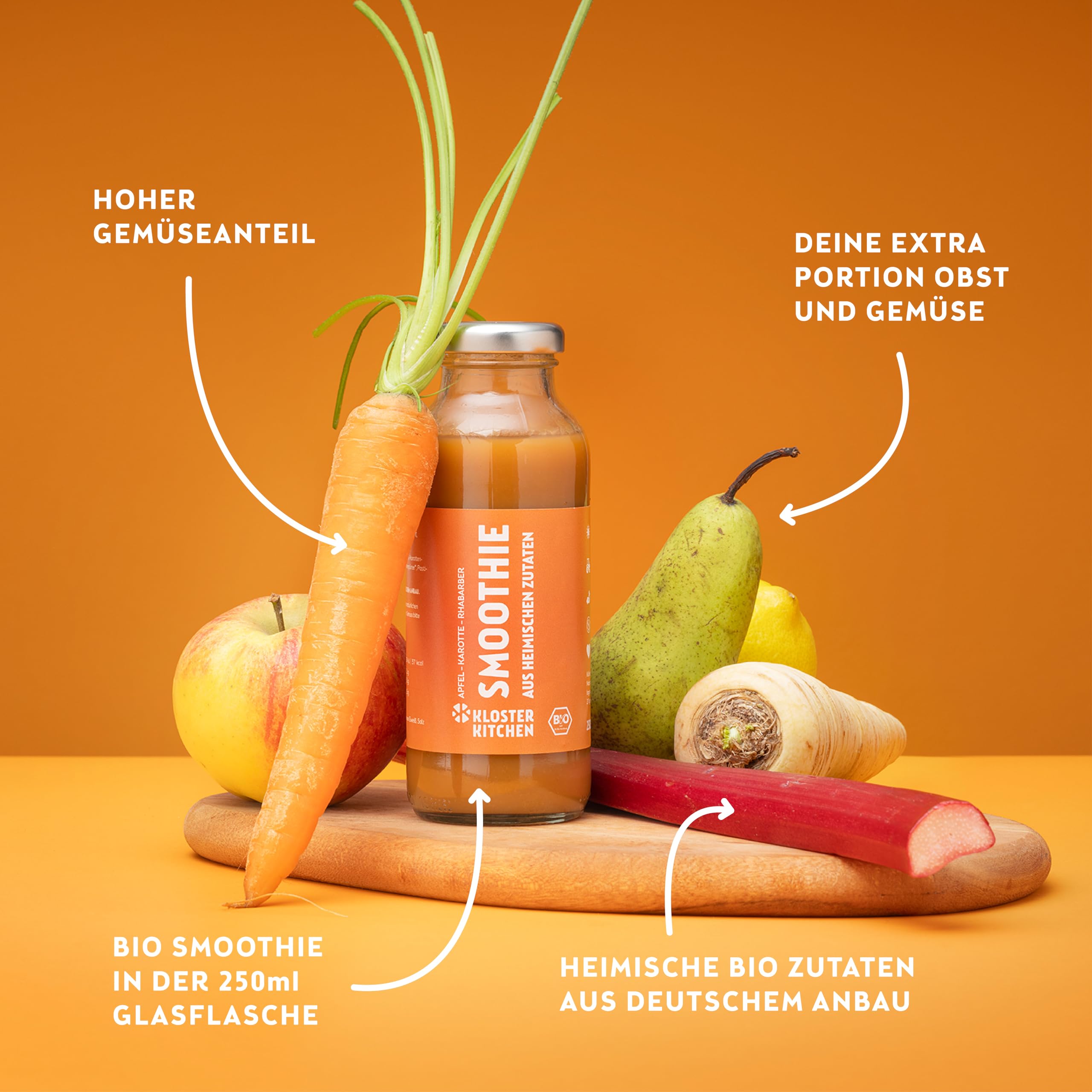 Smoothie bio jaune de Kloster Kitchen Pomme Carotte Rhubarbe 6x 250 ml I Superfood pour le petit-déjeuner vegan I Bouteille en verre à emporter I Superaliment à base d'ingrédients locaux