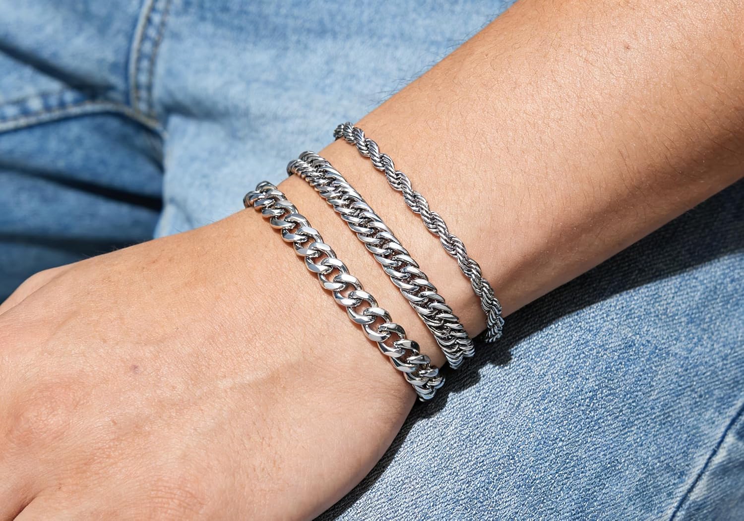 Stainless Steel Bracelets for Men, Gold/Silver Mens Chain Bracelet 7.5/8.3/9 Inches Mens Stainless Steel Cuban Link Bracelets Set 3Pcs (Include Card)
