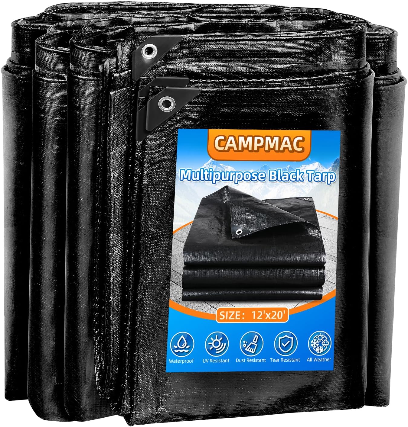 CAMPMAC Black Heavy Duty Tarp 12x20 Feet, 12 Mil Thick Poly Waterproof Tarpaulin