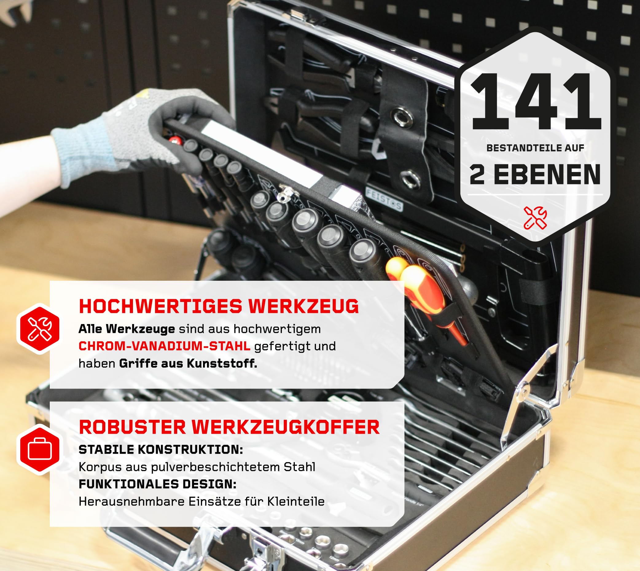 Werkzeugkoffer MANOS 141 Bestückt mit 141 hochwertigen Werkzeugen