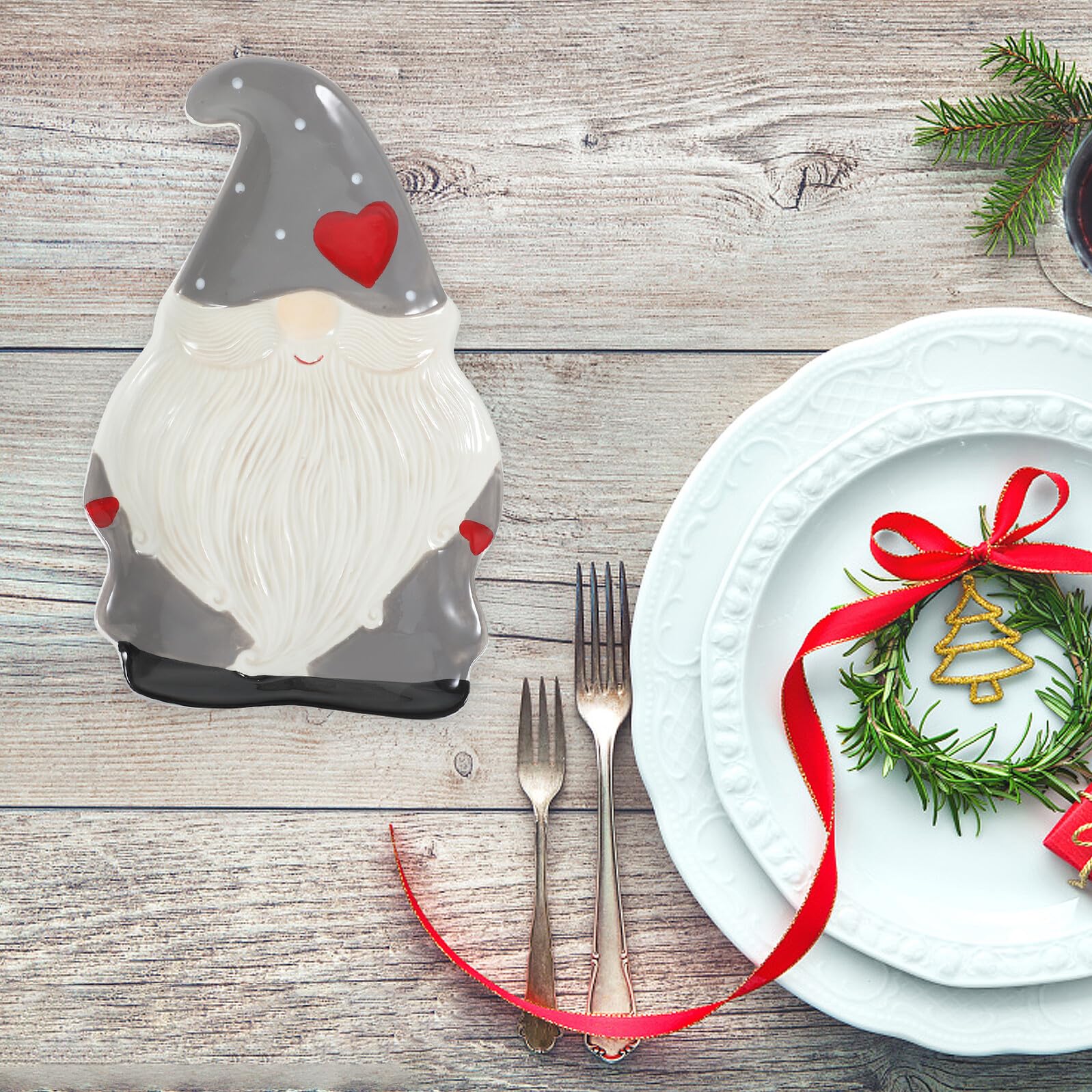 TOYANDONA Plato Navideño de Cerámica Diseño de Papá Noel Tamaño Mediano Color Detalles Rojos Adecuado para Fiestas de Navidad y Decoración Hogareña