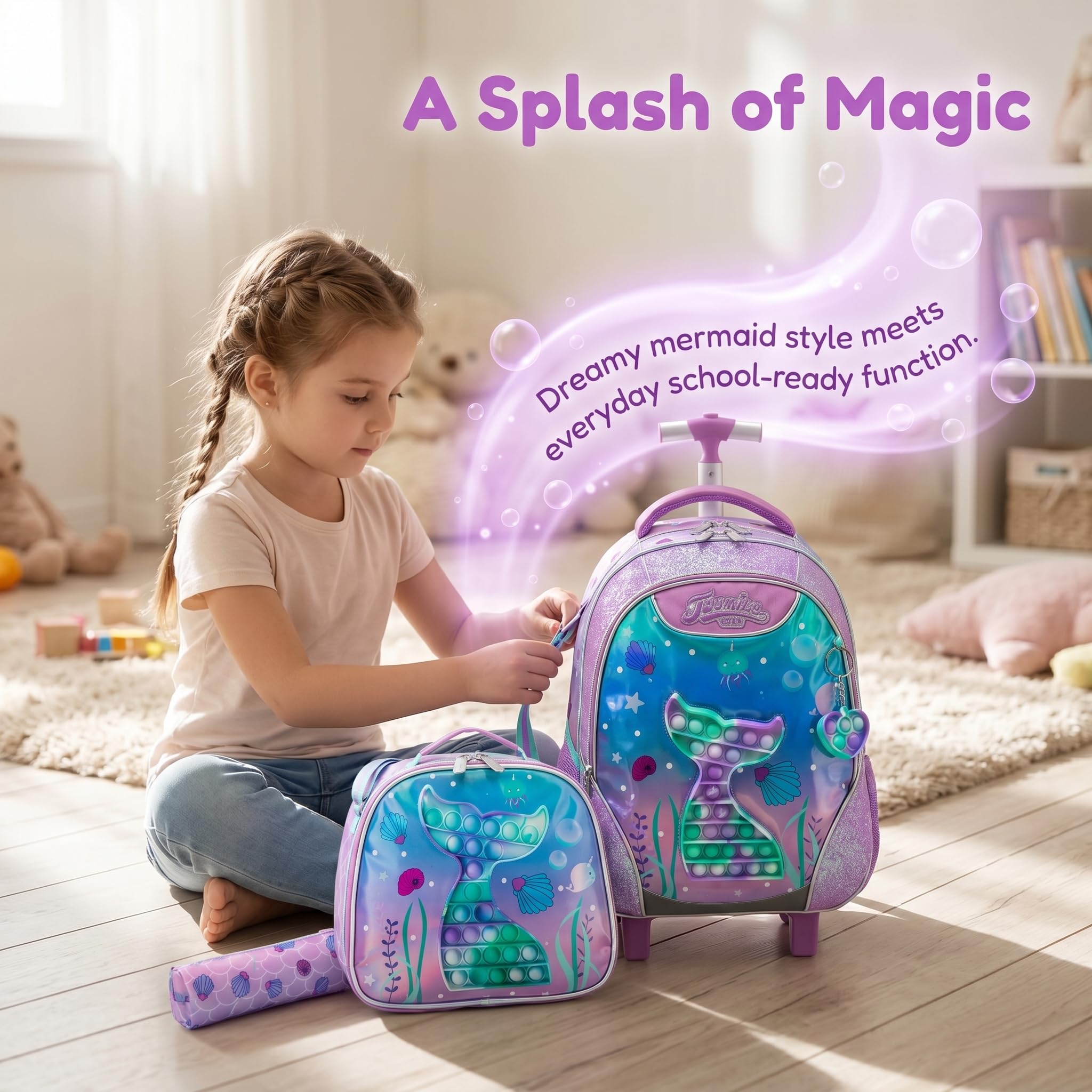 Sac a Dos Roulette Fille Enfant Cartable Cabine Primaire Valise École Maternelle Sacs à D'école pour Voyage de Bagages Ensemble Adolescents Grand Étudian Poches Toy Sirène Rose