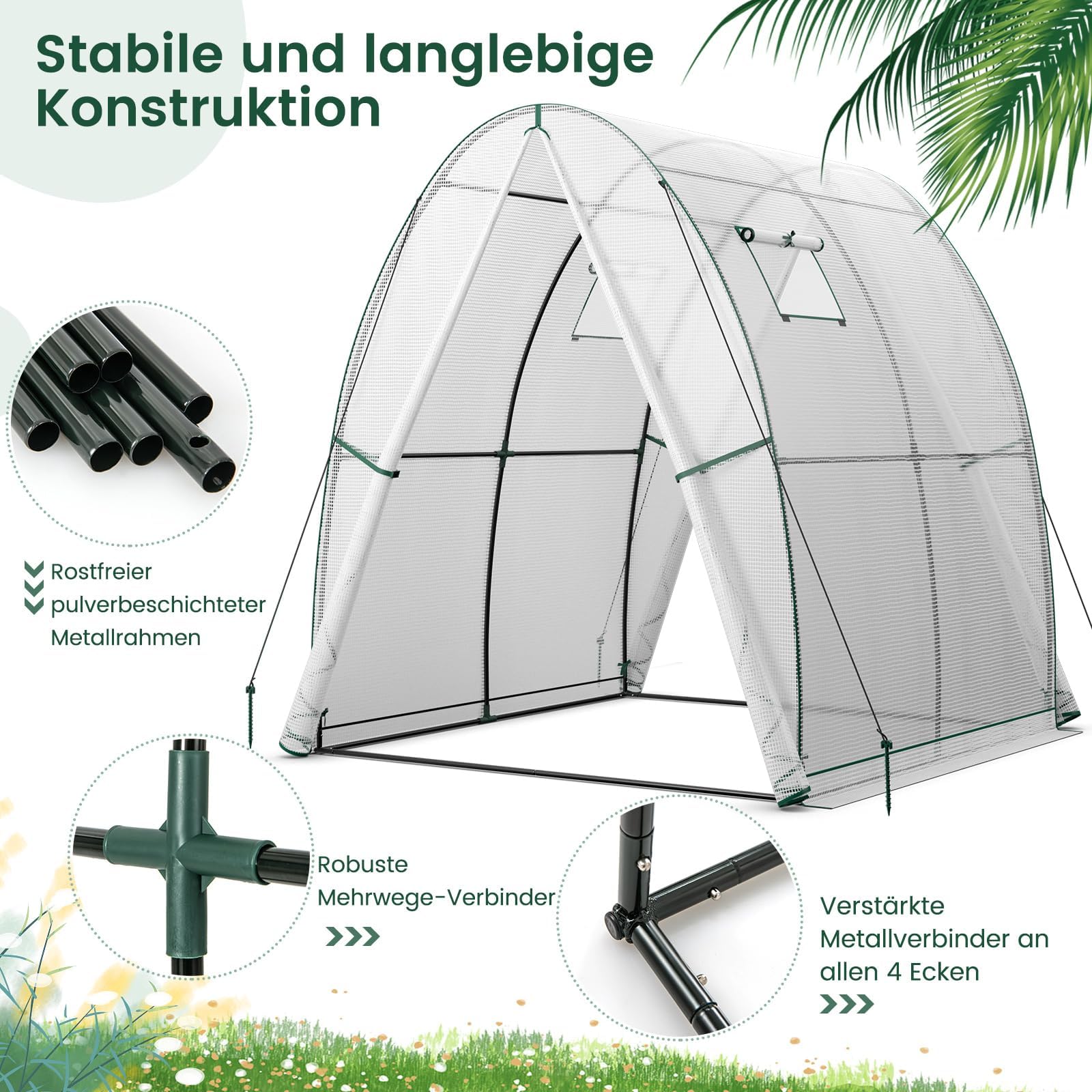 RELAX4LIFE Foliengewächshaus 181 x 181 x 200cm, Gewächshaus PE-Abdeckung Metallrahmen, Treibhaus mit 2 Fenstern Rolltür Seitentaschen, Pflanzenhaus für Gemüse Obst Blumen (Weiß)