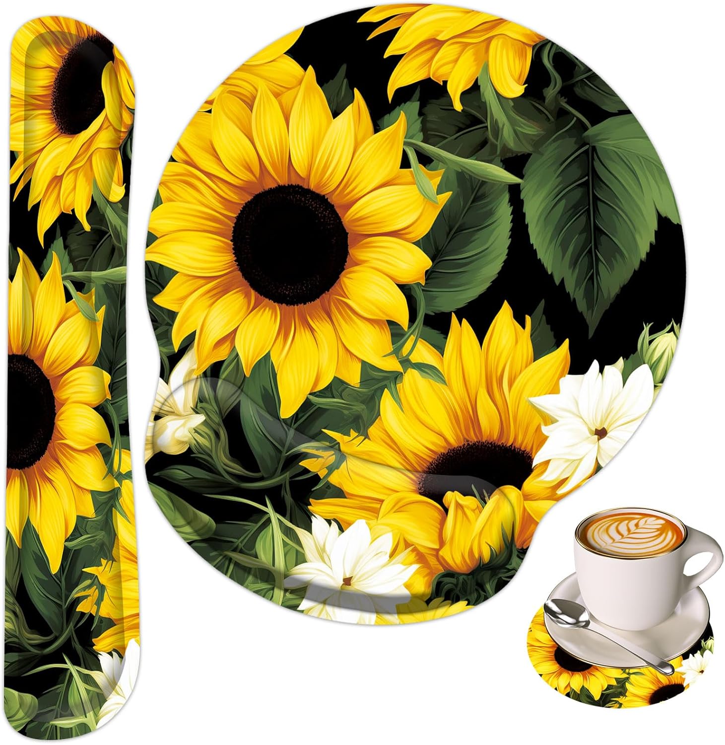 Keyboard Wrist Rest and Mouse Wrist Rest Pad with Cup Coaster,Made of Memory Foam,Ergonomic Support,Easy-Typing and Pain Relief,for Gaming Office Home Computer,Nice Sunflowers Floral