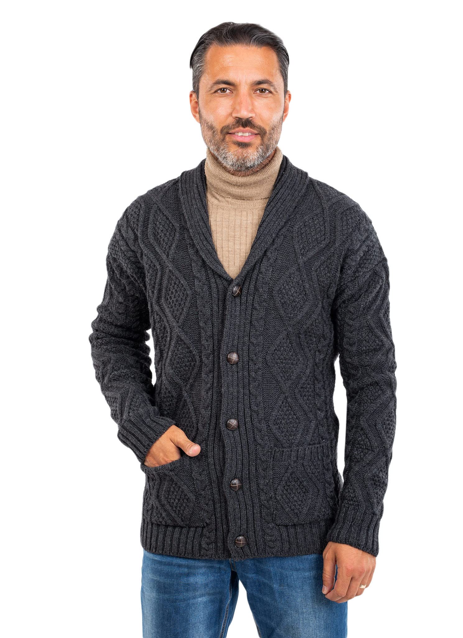original aran company Men's Cardigan Aran Wool Knit Shawl Collar Casual Sweater with Buttons-picture-34