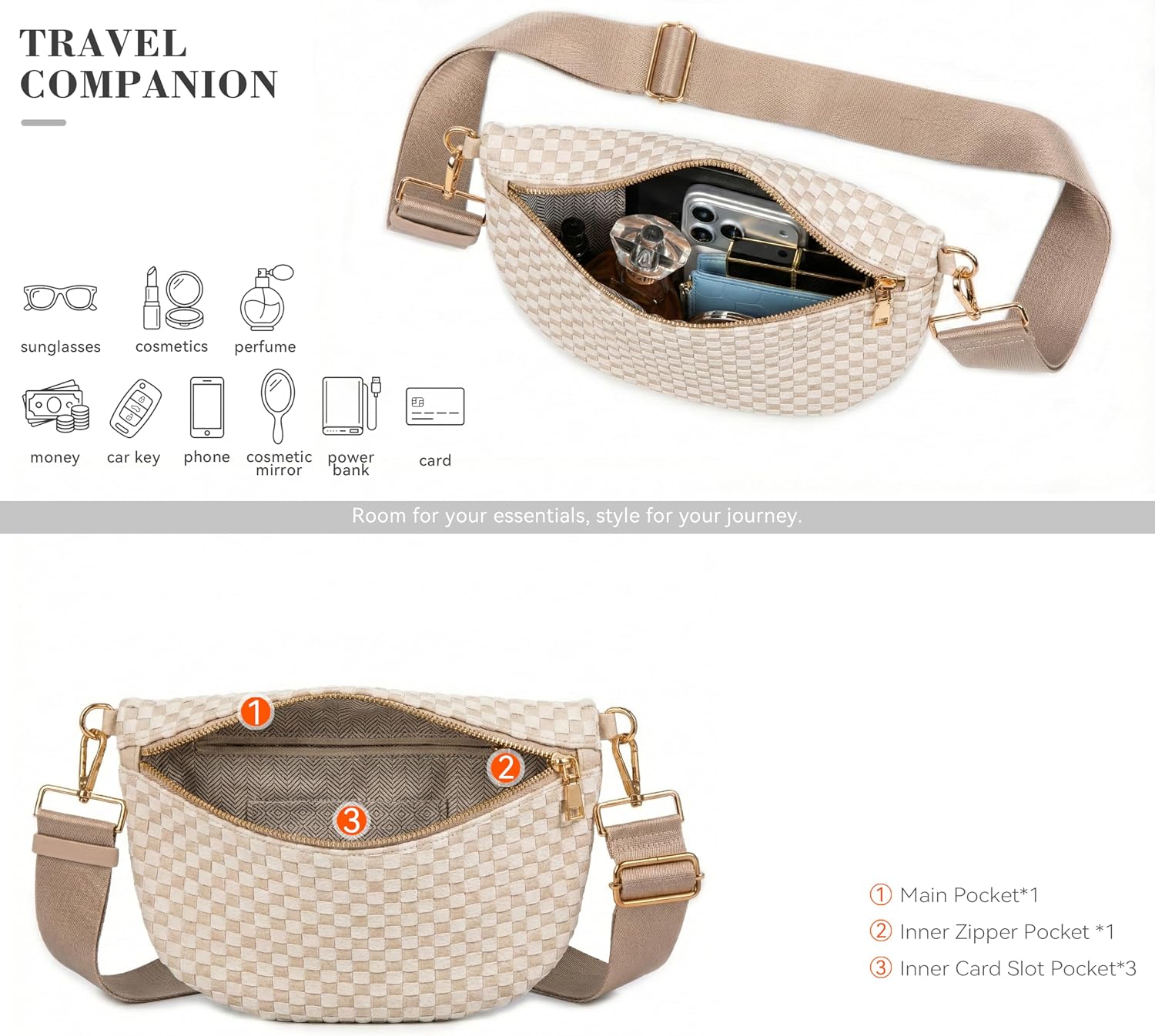Woven Crossbody Bag for Women, Checkered PU Bum Bag Sling Purse with Adjustable Strap for Travel, Festivals