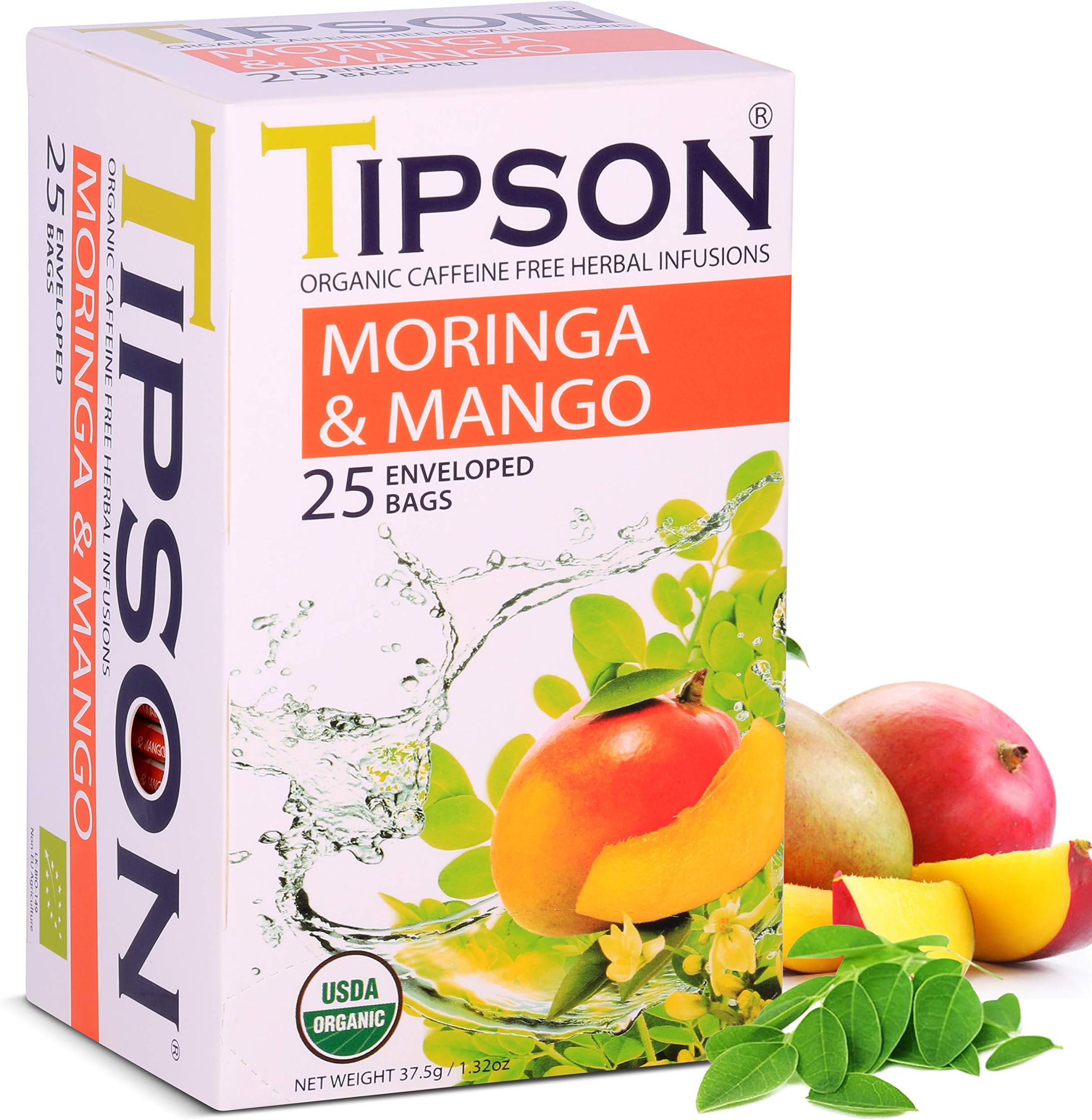 Organic Moringa Caffeine Free Herbal Tea - Mango Flavor - 25 Premium Double Chambered Bags -Superfood Tea - Keto/Paleo Diet Compatible