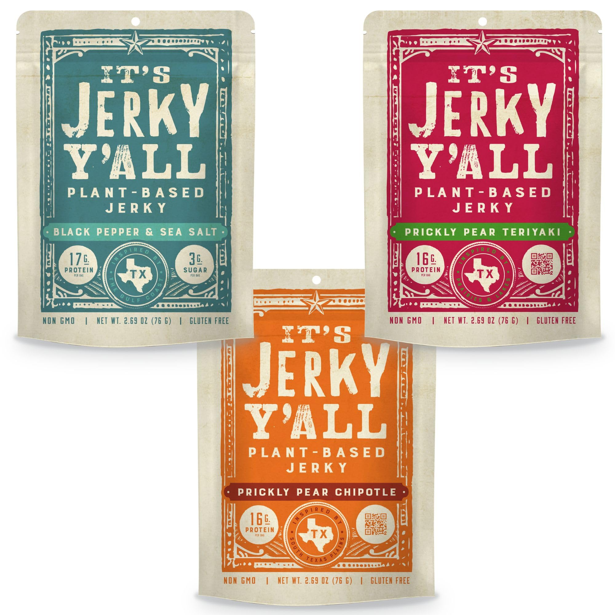 It’s Jerky Y’all Confezione Jerky Vegetale 3 Gusti – Snack Proteico di Soia Vegano nei Gusti Prickly Pear Chipotle, Black Pepper & Sea Salt e Prickly Pear Teriyaki – Vegan, Senza Glutine, Non-GMO