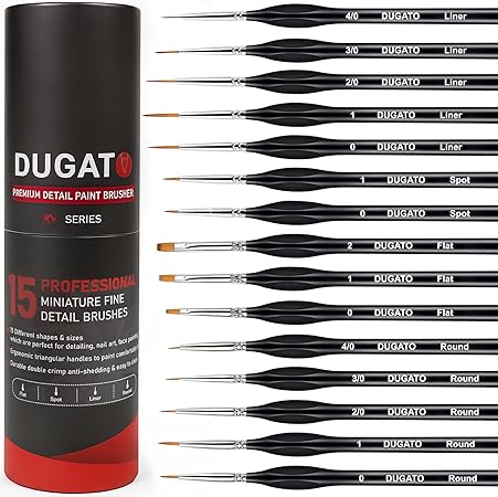 DUGATO Fine Detail Paint Brush Set (15pc) - Miniature Brushes with Ergonomic Triangular Handles & Travel Case for Acrylic, Watercolor, Oil, Models & Warhammer