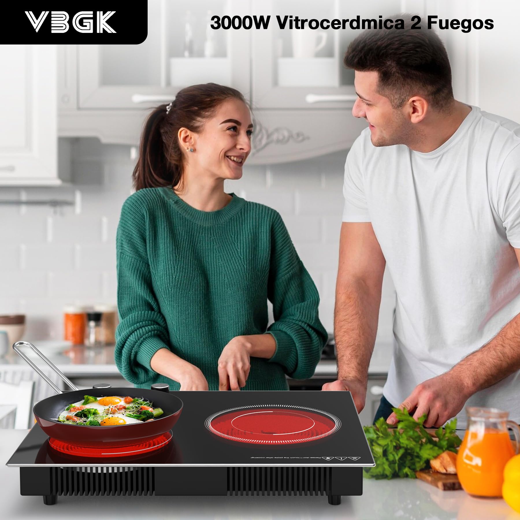 VBGK vitrocerámica 2 fuegos,3000W Empotrable y de sobremesa vitrocerámica 2 fuegos，9 niveles de potencia, temporizador y bloqueo de seguridad para niños.