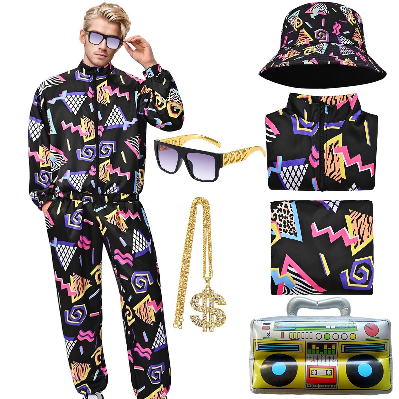 Antsparty Retro 80s 90s Outfit for Men, 80s Fancy Dress with Sportswear Jacket Pants Hat and Glasses, Vintage Beach Tracksuit for Themed Disco Party Costumes