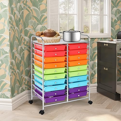 Miniatura 2 de Carrito de almacenamiento con ruedas de 20 cajones, organizador de arte sobre ruedas, marco de metal y cajones extraíbles, carrito móvil multiusos