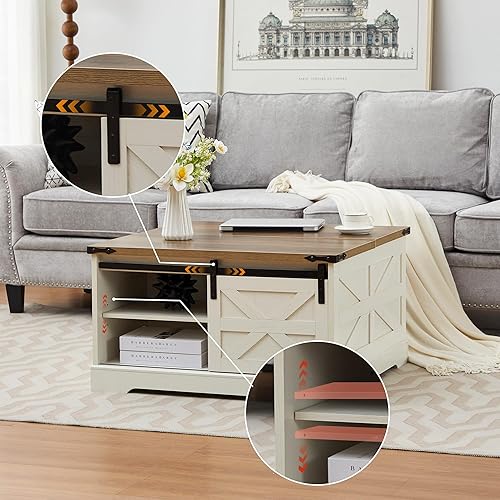 Miniatura 5 de Mesa auxiliar con tapa elevable, mesa de centro cuadrada de madera con puerta corrediza de granero y estante ajustable, mesa central rústica con