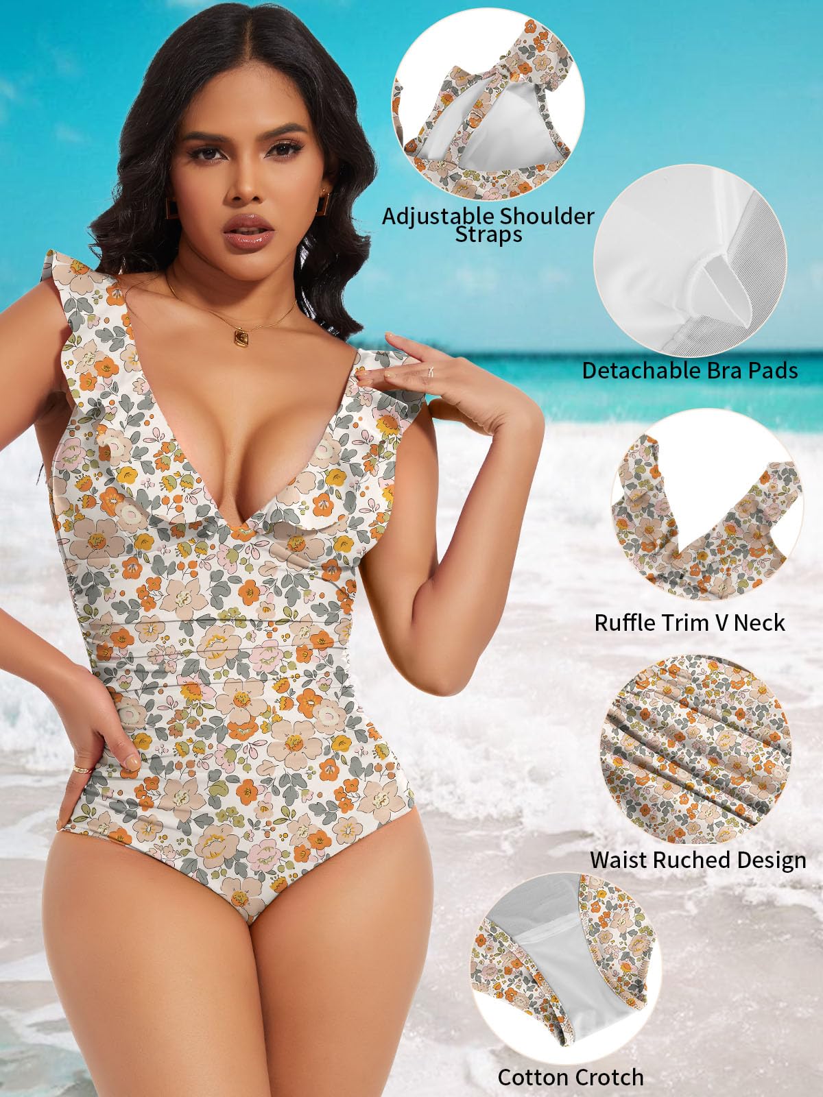 SHAPERIN Femme Maillot de Bain Une Pièce Ventre Plat Maillot de Bain à Volant Ruched Monokini Amincissante Swimsuit Col V Profond