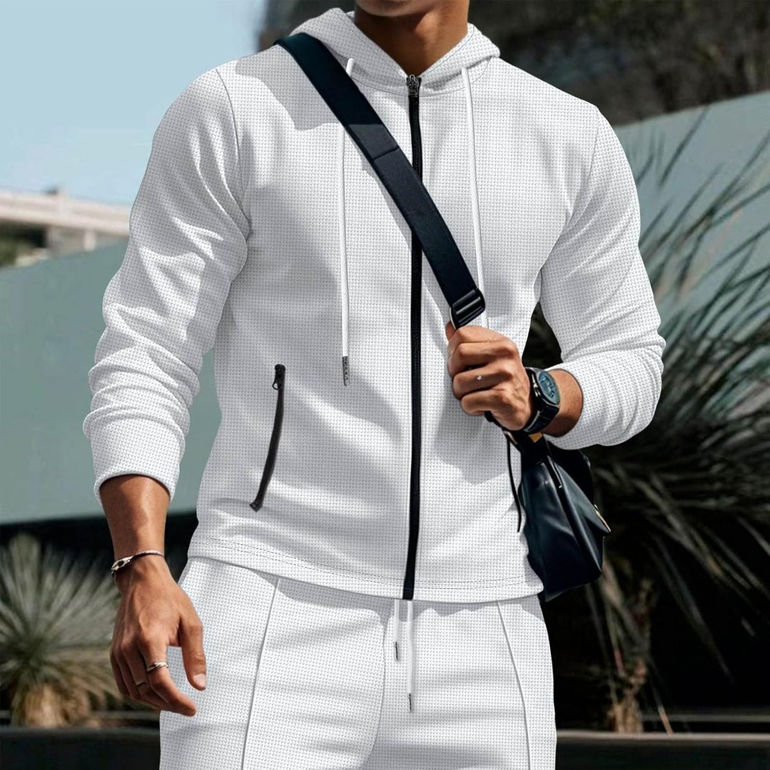 Men's Waffle Knit Full Zip Drawcord Jacket Casual Tops with Pocket