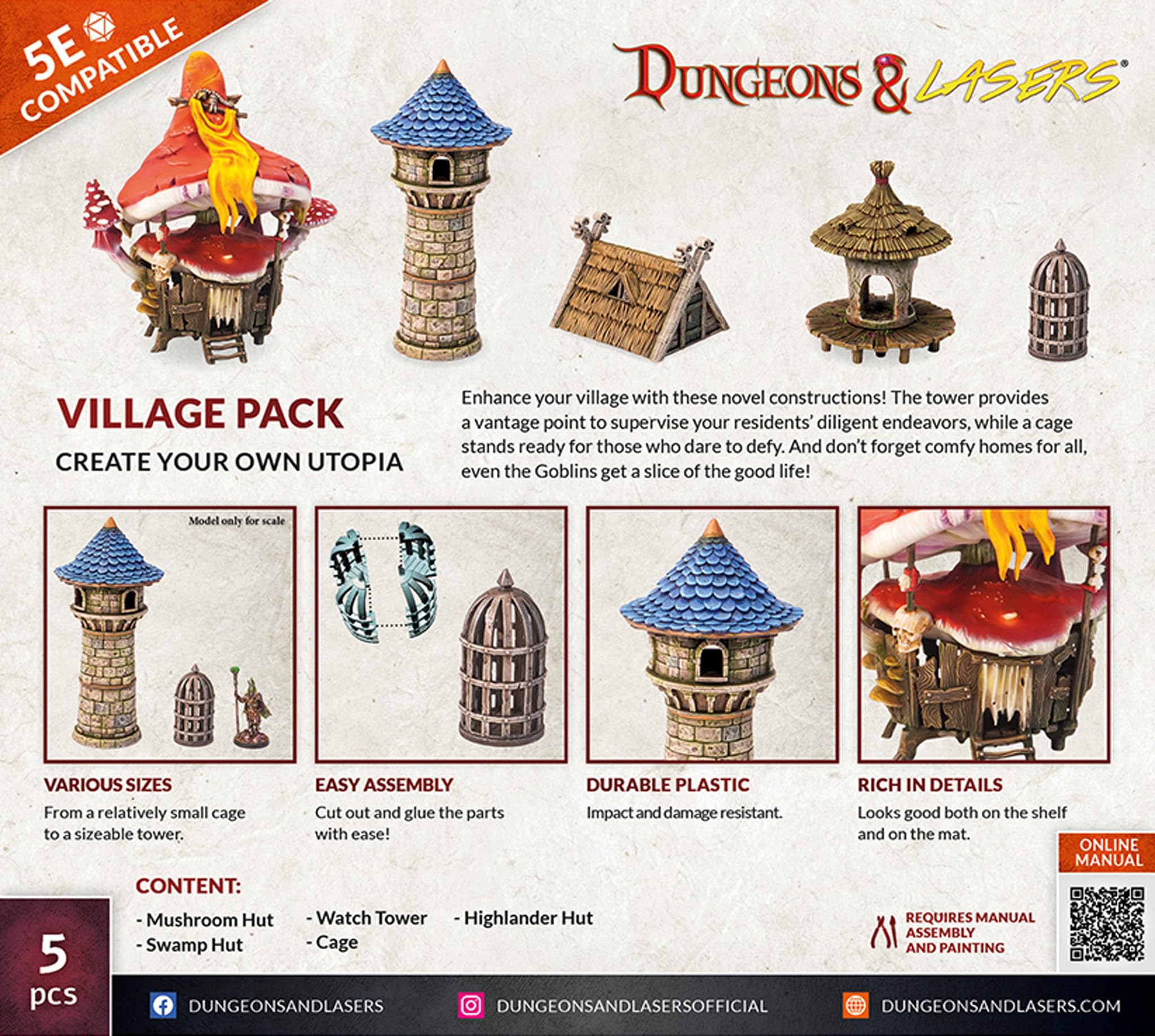 Dungeons & Lasers: Village Pack Expansion Set - 5 pezzi Terrain Pack - Terrain RPG Terrain per giochi da tavolo compatibili DND e 5E - Non verniciato e smontato - Età 14+