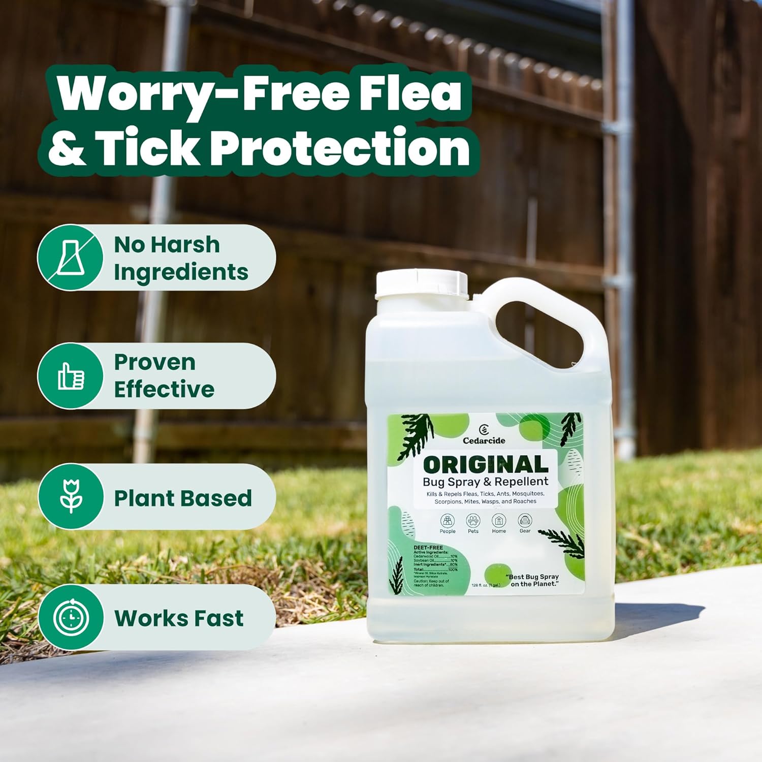 Cedarcide Original Bug Spray | Repel & Kill Fleas, Ticks, Mosquitoes, Mites, Ants & Chiggers | for use on People, Pets & Home | Natural Cedar Oil | Eco-Friendly | Gallon