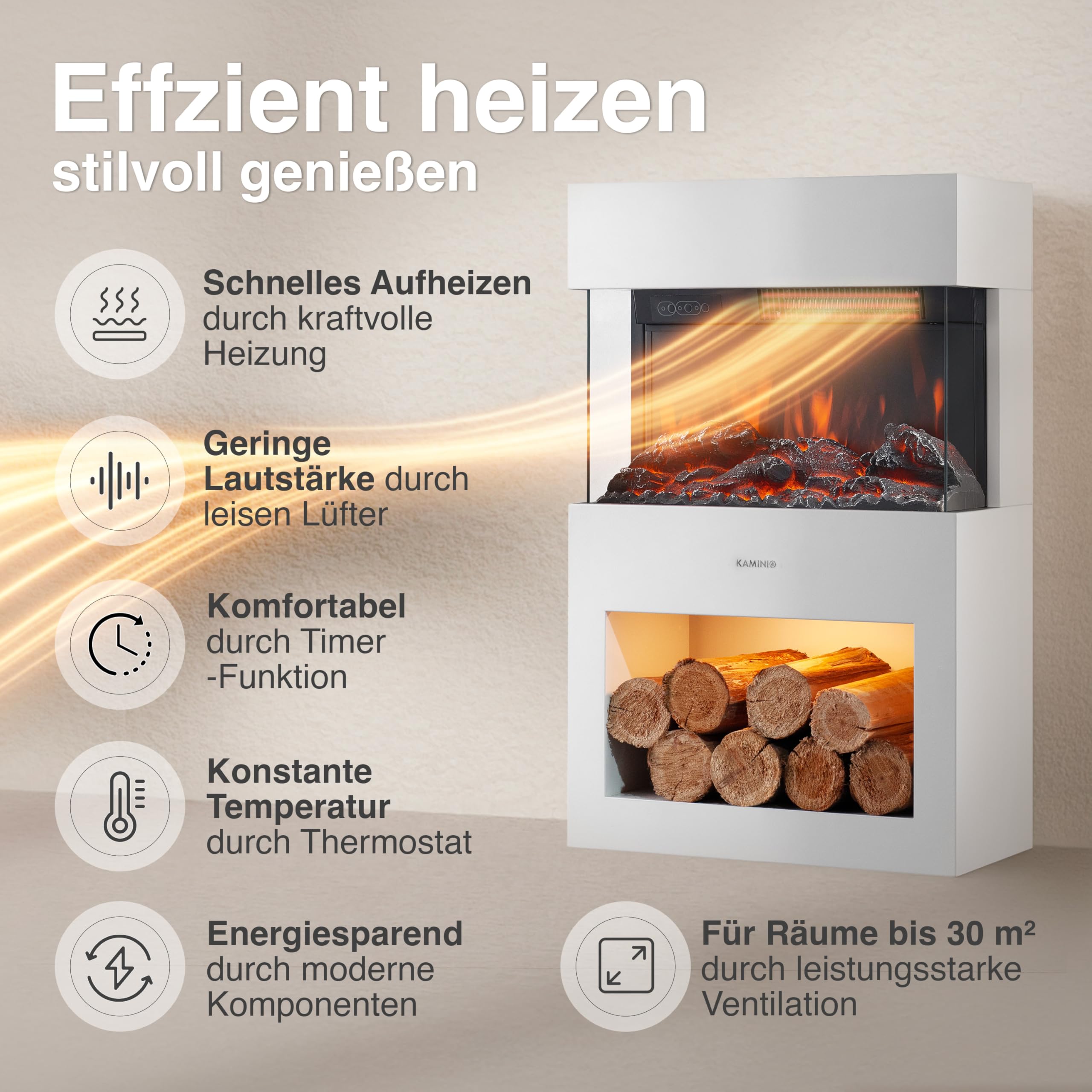 KAMINIO Elektrokamin Henri - Elektrischer Kaminofen mit Heizung, 3D-Flammeneffekt, Holzfach, LED-Ambientelicht, Fernbedienung (Weiß)