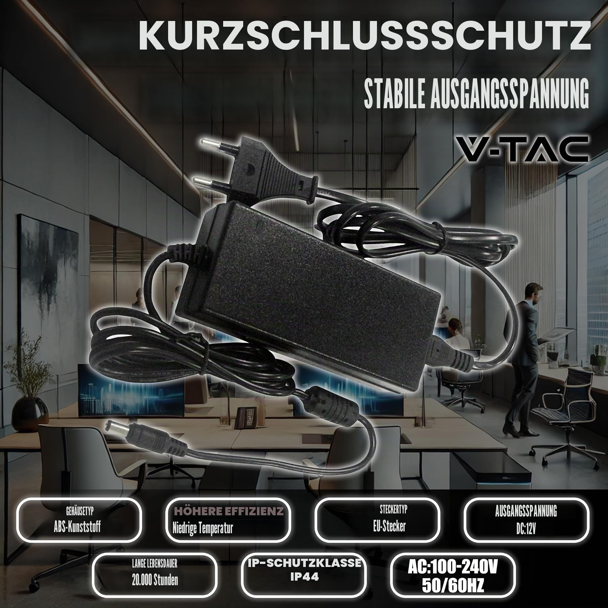 V-TAC Netzteil Adapter 12V 78W 6,5A für Kameras, LED-Streifen, Modem - Transformator 12V - Netzadapter für Bildschirme und Elektronische Geräte - Eingang AC 100-240V - Euro Stecker
