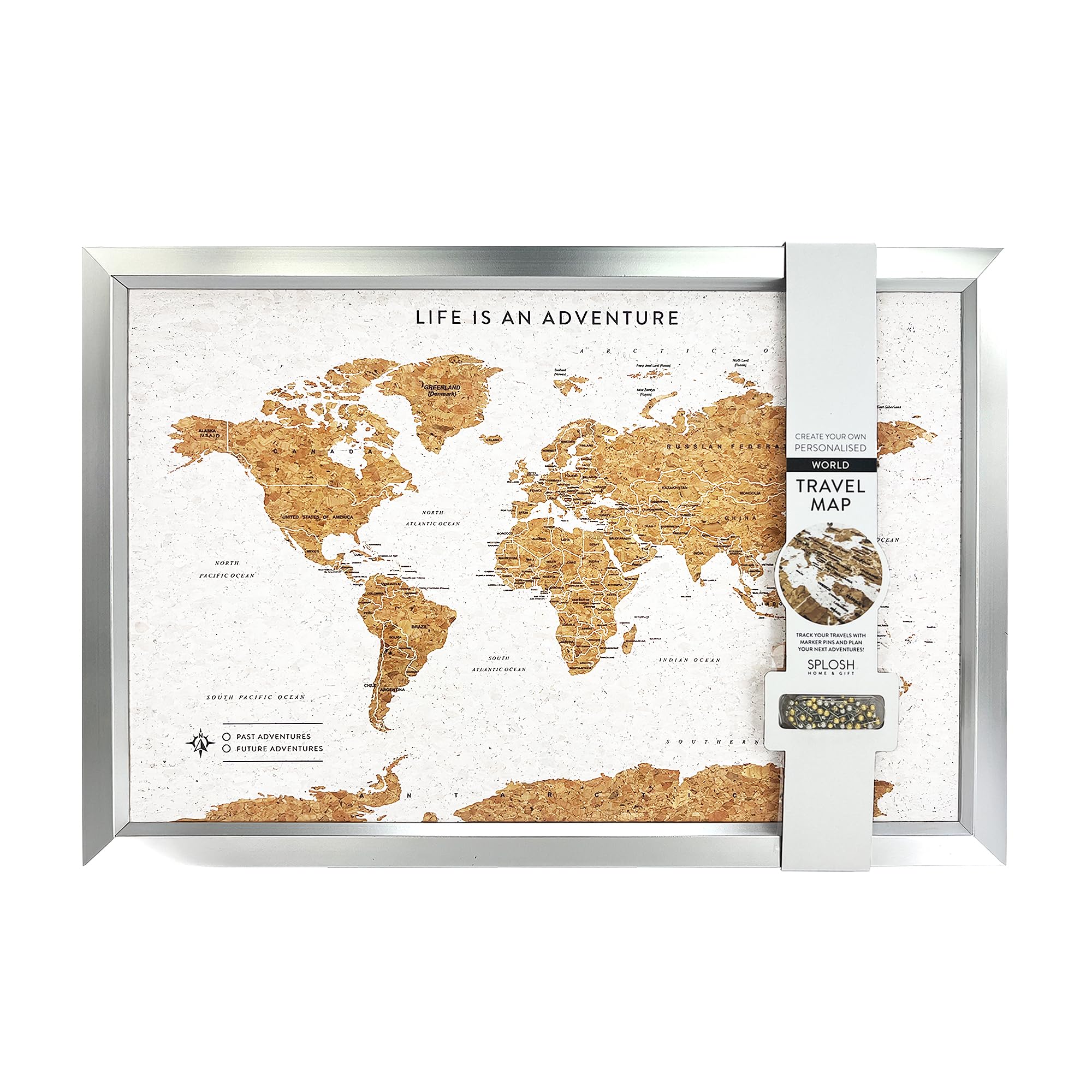 Splosh Framed World Travel Map with Pins – White Cork World Map with Silver Frame Push Pin Travel Map Wall Art Pin Board Travel Tracker Past & Future Adventures Gift for Men & Women (55 x 37 cm)