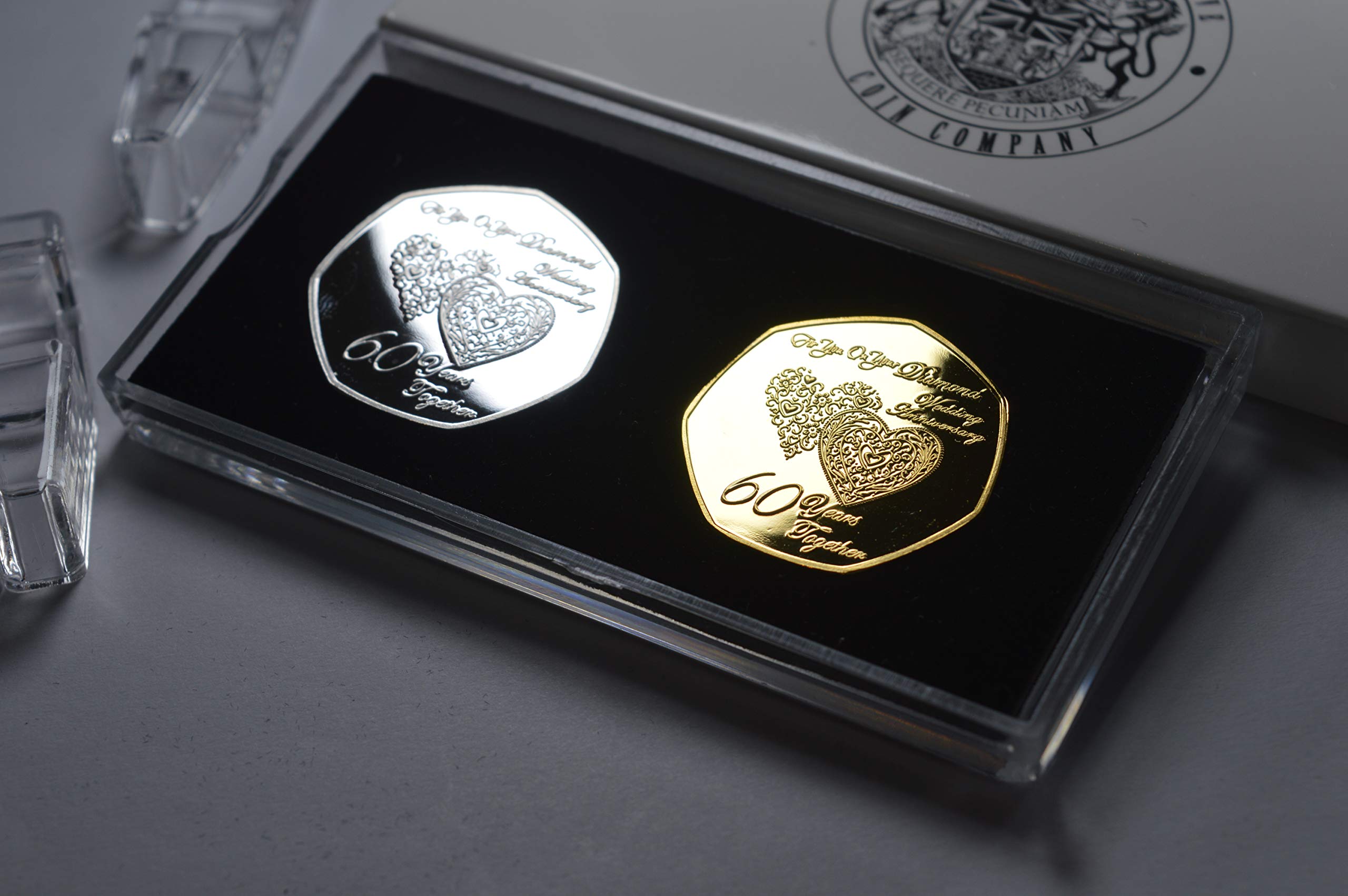 The Commemorative Coin Company Pair of 60TH DIAMOND WEDDING ANNIVERSARY Silver & 24ct Gold Commemoratives. Display Stand & Presentation Box. Gift/Present