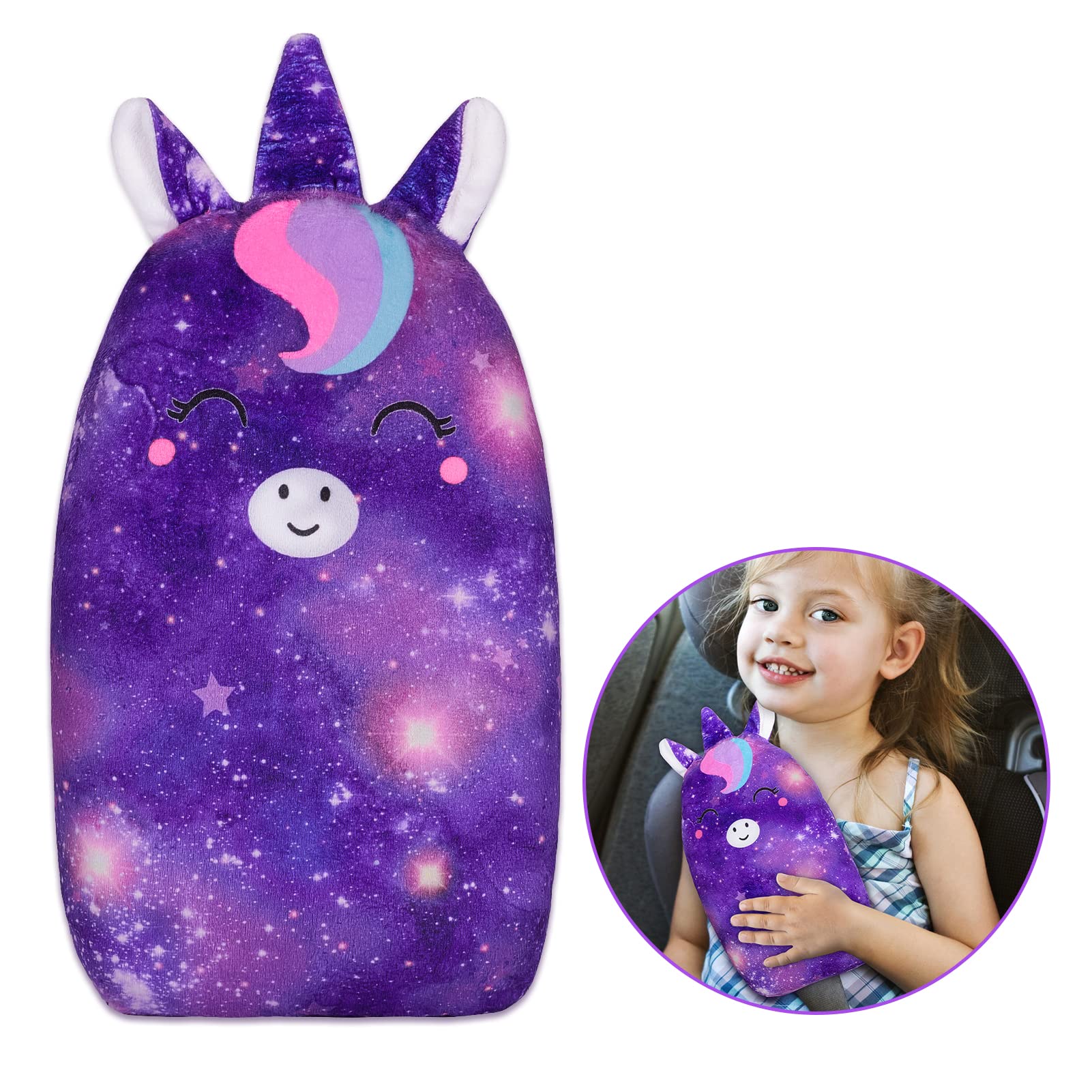 FIODAY Copri cinture di sicurezza per bambini, con unicorno, morbido cuscino per cintura di sicurezza, regolabile, supporto per testa e collo, per bambini, ragazzi e ragazze, da viaggio, viola scuro