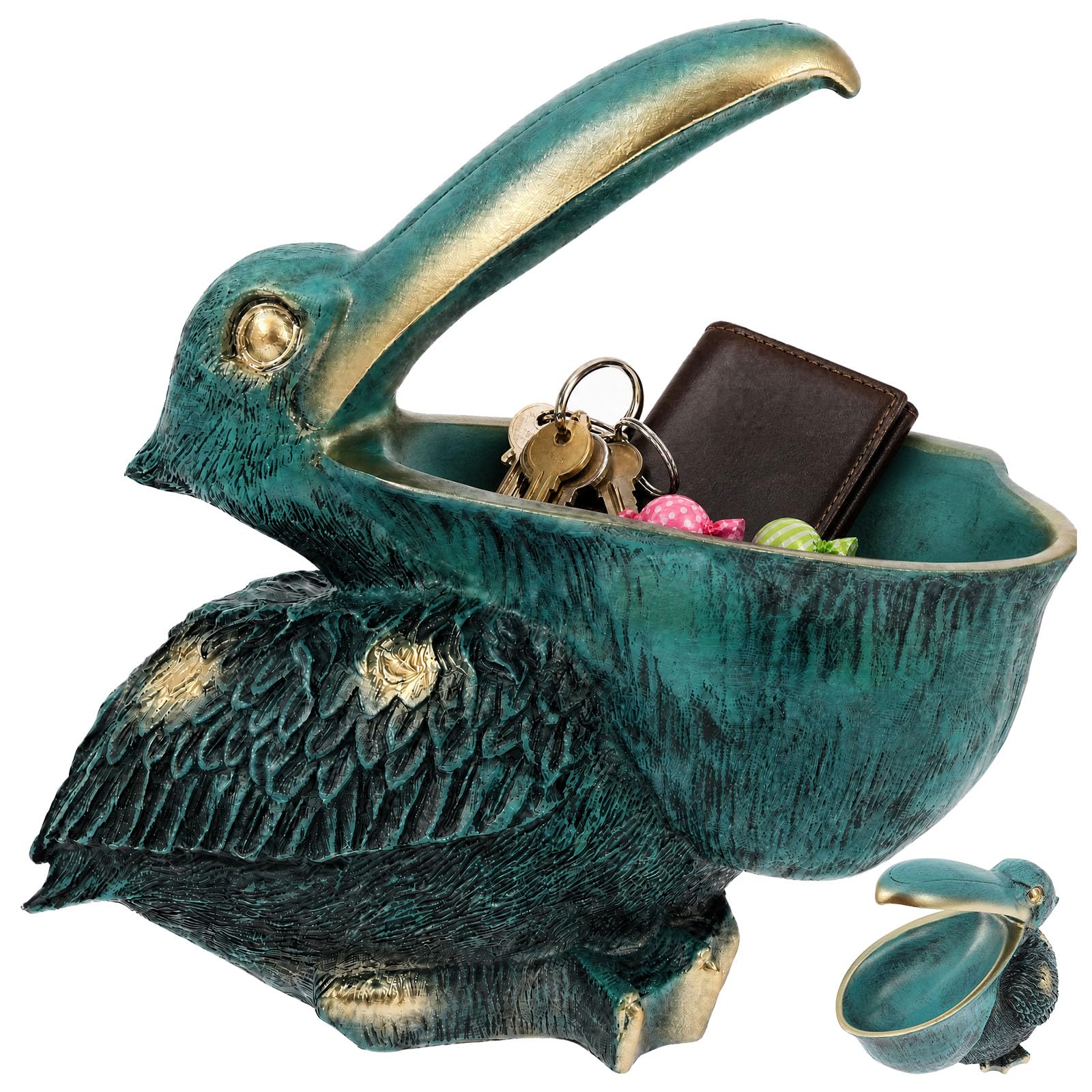 Pelican Key Holder Bowl for Entryway Table Creative Resin Big Mouth Bird Statue Candy Dish Quirky Animal Sculpture Trinket Tray Catchall Valet Bowl for Keys Wallet Phone Home Office Decor(Green)