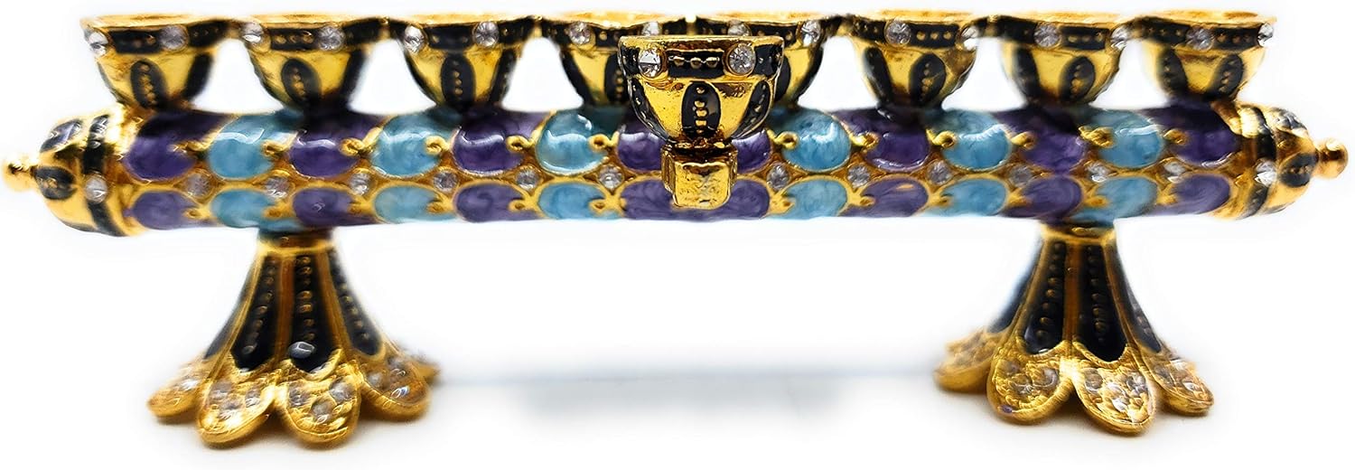 Ayuni Gifts of the World Reversible Chanukah Menorah and Shabbat Candlesticks Enamel Finish with Genuine Austrian Crystals (Blue & Purple)