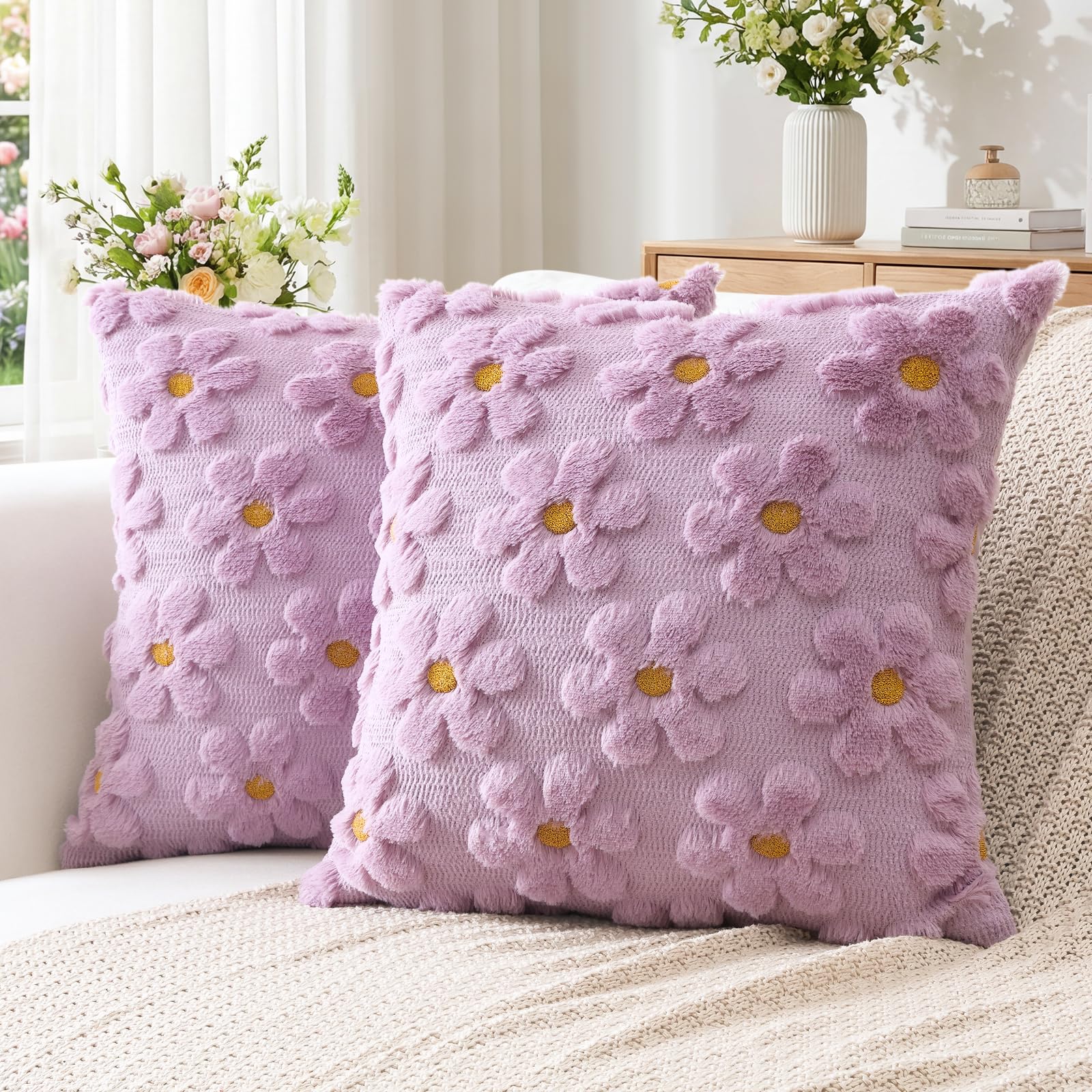 Artscope Spring Summer Cushion Covers Set of 2 Flowers Throw Pillow Covers for Sofa 45x45cm Square Seasonal Soft Plush Short Wool Velvet Cushion Case Holiday Decor Light Purple
