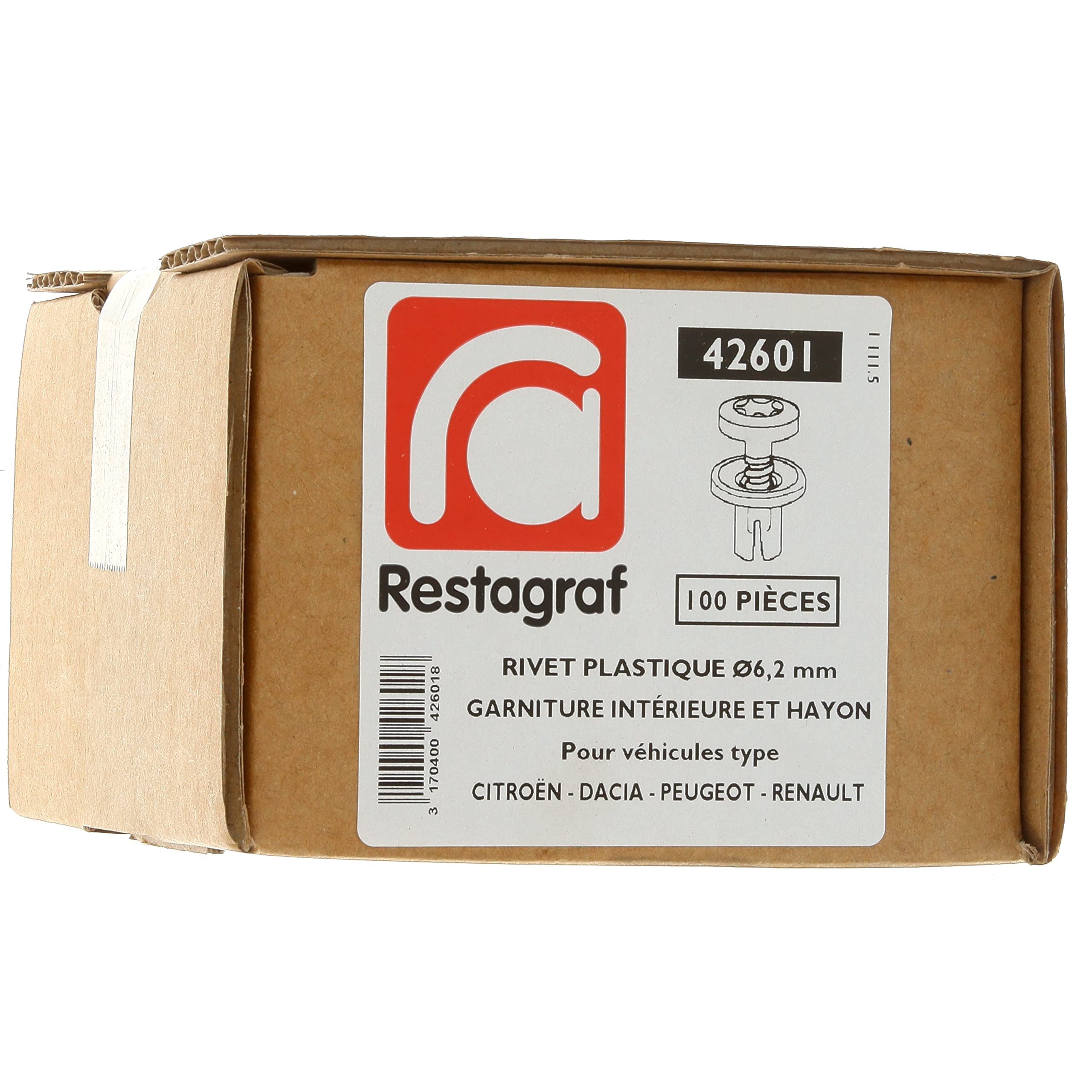 Restagraf - Rivet Plastique pour Fixation Carrosserie - Pour Trou 6,2 mm - Compatible Multimarques - Réf. 42601 - Boîte de 100