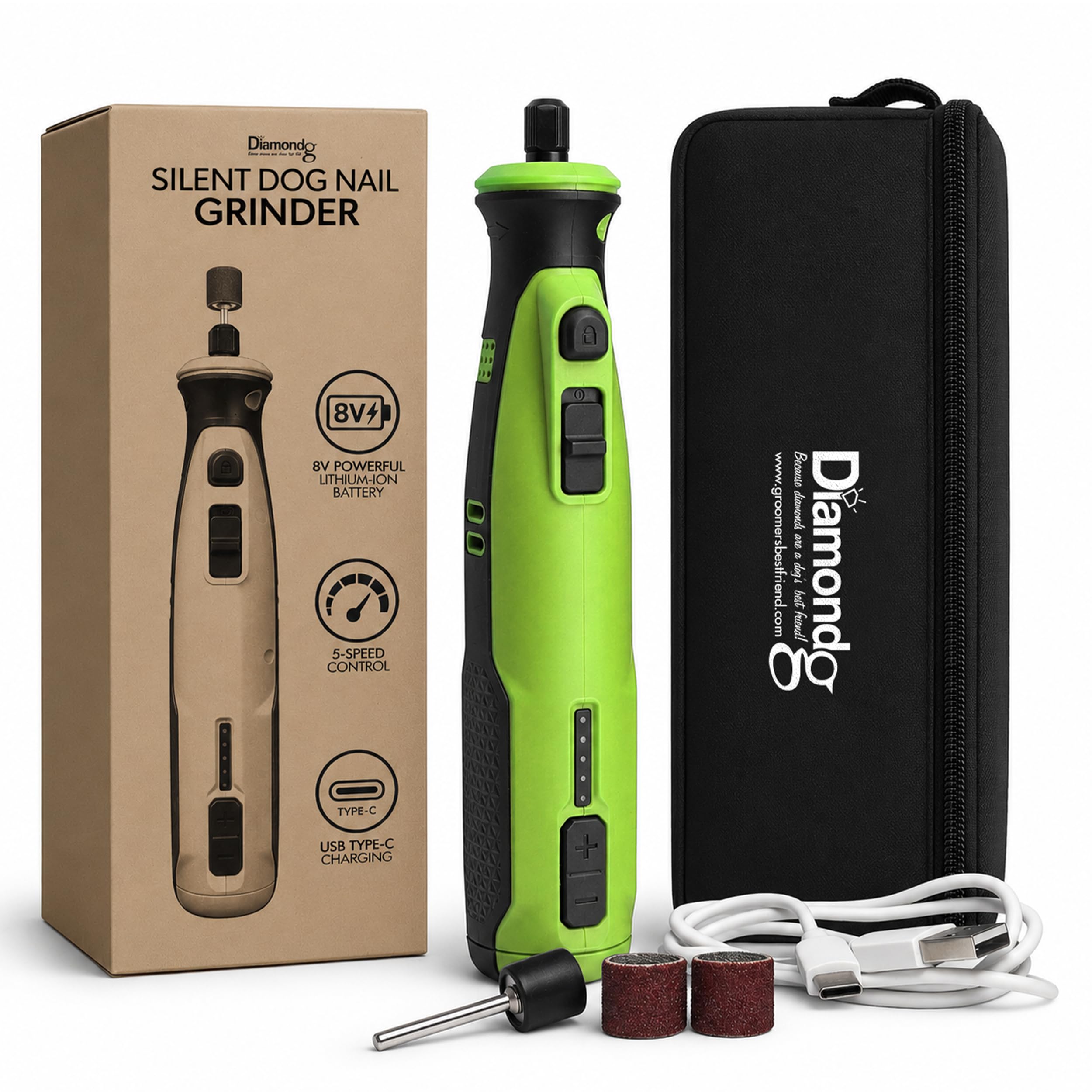 Outil rotatif pour meulage des griffes de chien, sans fil, batterie lithium-ion 8 V, pointe éclairée, autonomie de 4 heures (vert)
