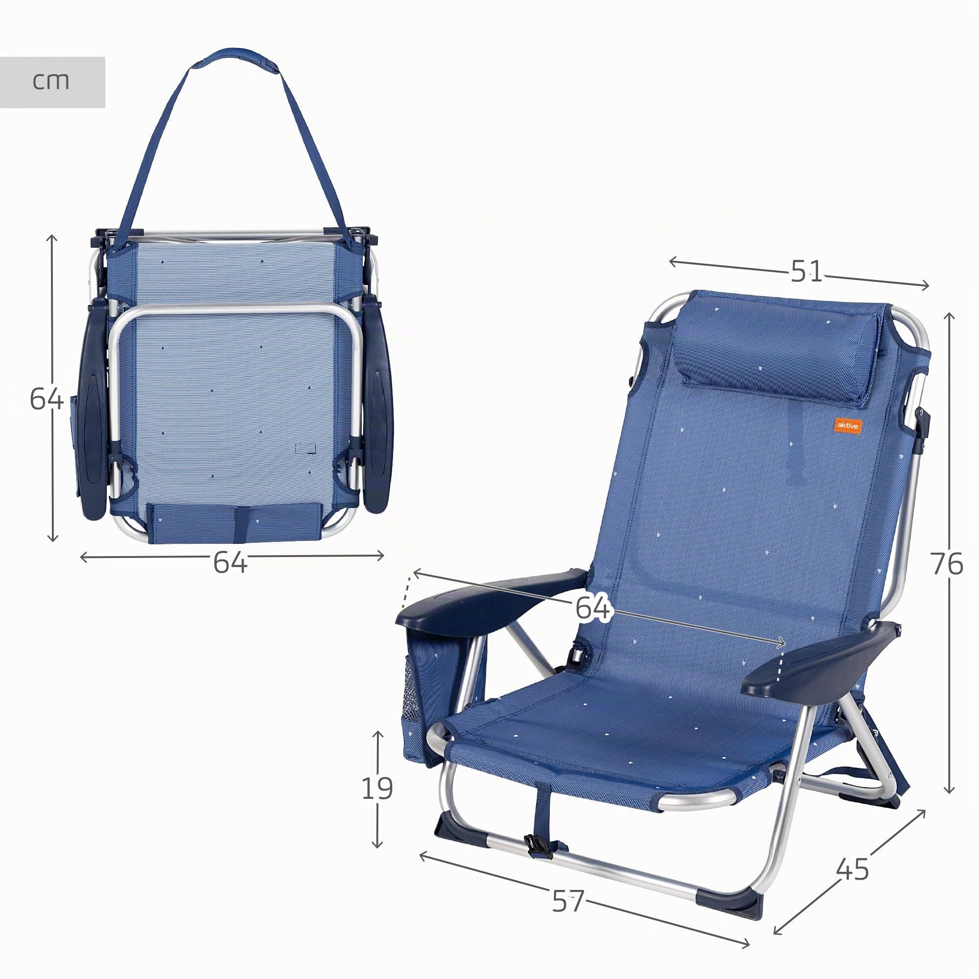 AKTIVE Chaise de plage pliante et inclinable 4 positions Bleu marine, Dimensions 51x45x76cm, Poids max. 110Kg, Matière aluminium, Anti-bascule, chaises de plage (62290)