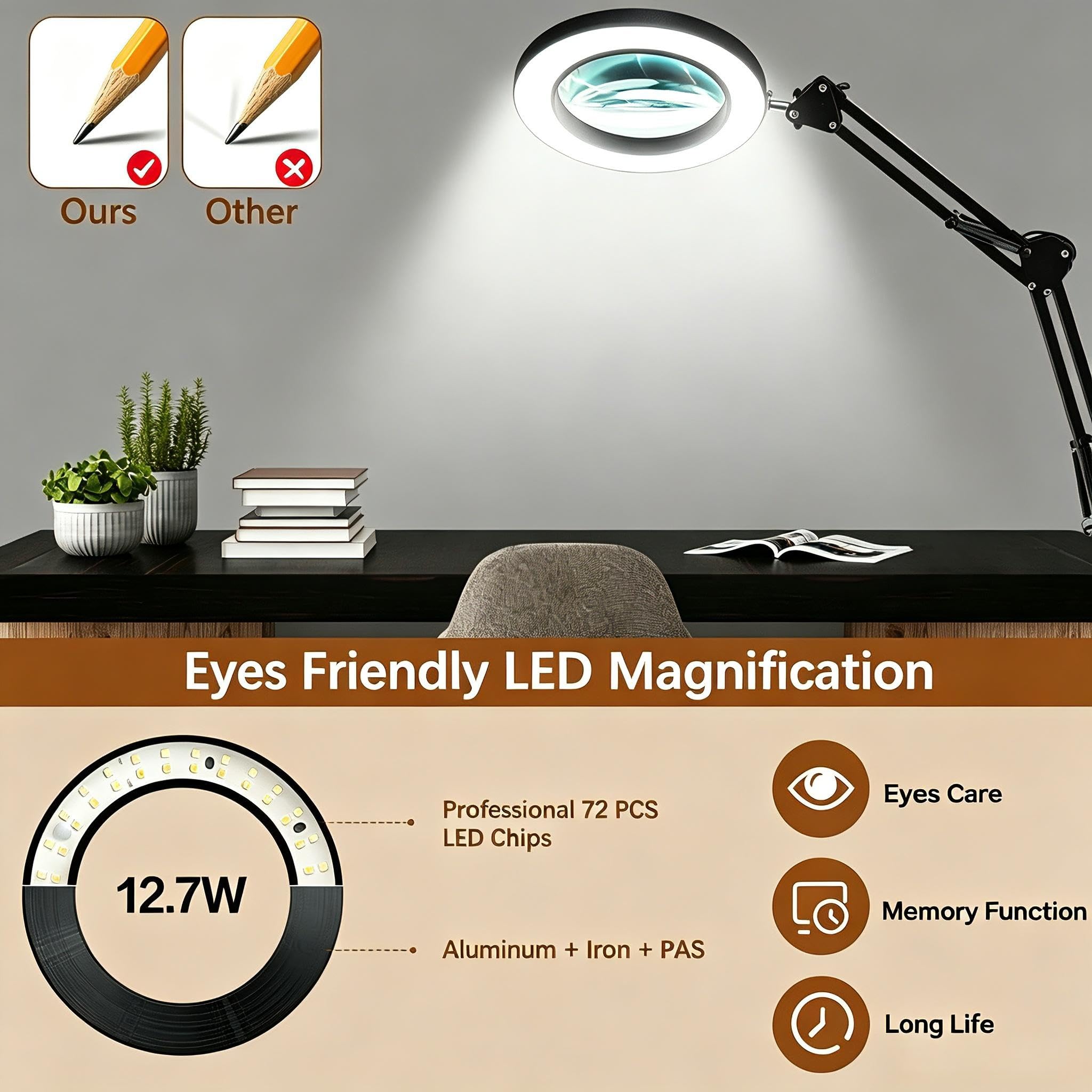 Lupa de 10 aumentos con luz y abrazadera, lupa con luz manos libres, 3 modos de color regulables, 72 LED de lente de cristal real para trabajo cercano, reparación, lectura, manualidades