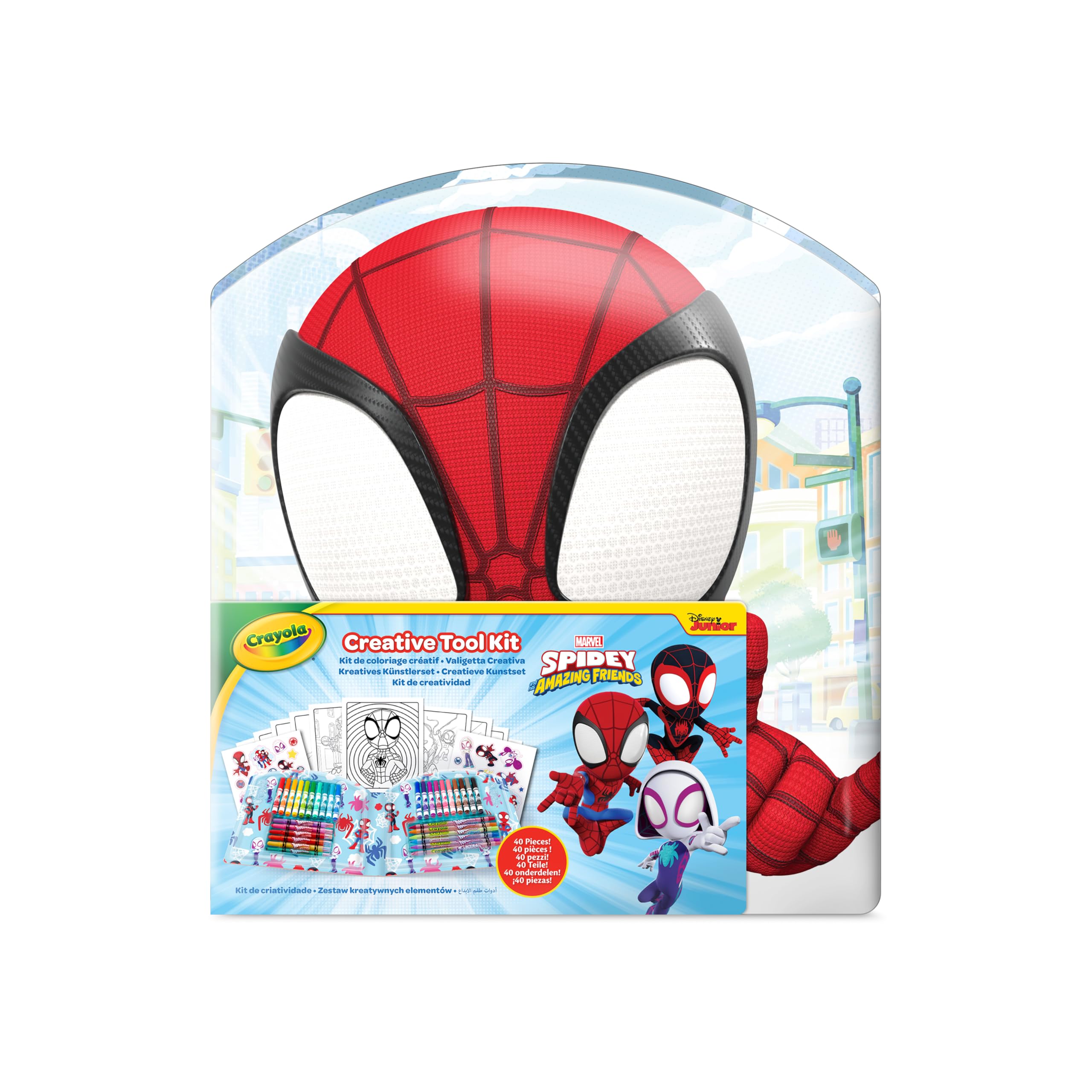 Crayola - Walizka kreatywna Spidey, 40 elementów, przenośny zestaw do kolorowania zawierający zmywalne flamastry, kredki ołówkowe, kredki świecowe, strony do kolorowania i naklejki, 04-4017