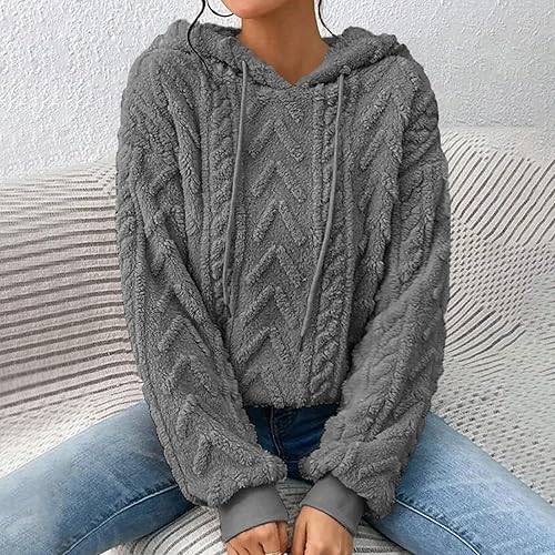 Miniatura 4 de Sudadera con capucha Sherpa para mujer, talla grande, para otoño, invierno, casual, manga larga, de felpa, de punto esponjoso, suéter de forro polar