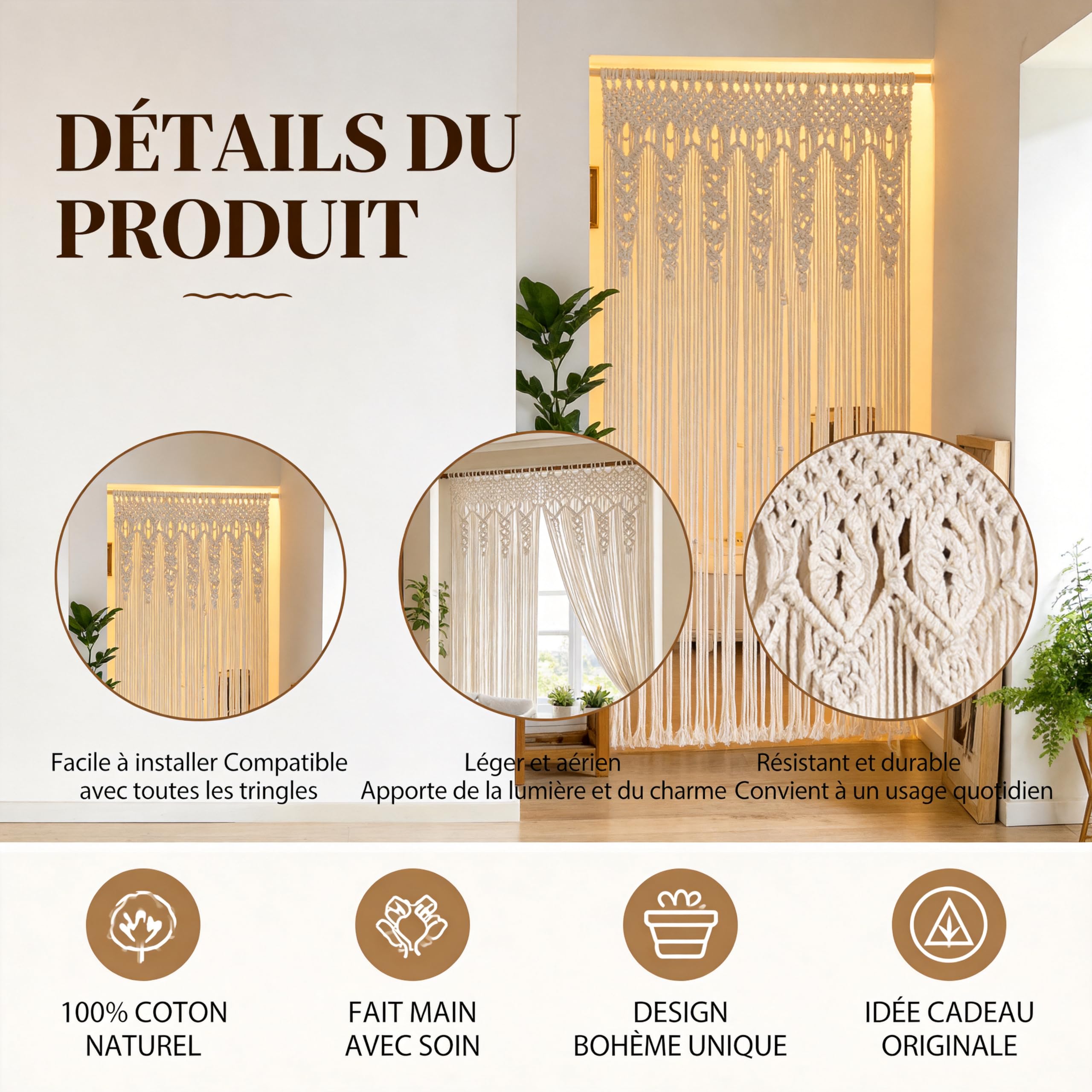 Rideau de porte tissé en style Boho, tapisserie, 90x180 cm, 90x200 cm, 100x200 cm, dentelle en coton, macramé, décor mural pour mariage, arc de fenêtre, décoration de maison, beige (100x200