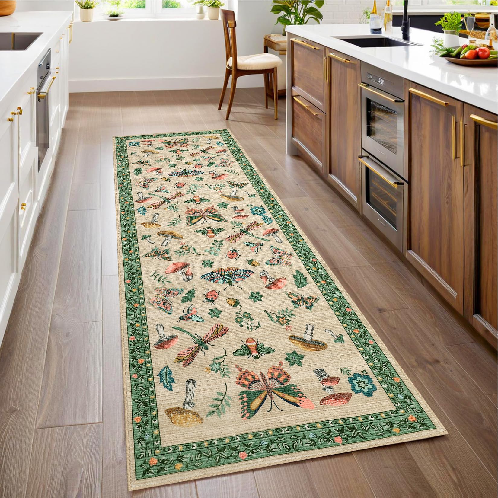 Mushroom Insect 2x6 Runner Rug for Hallway Washable Kitchen Rugs Non Slip with Rubber Back Khaki Green Low-Pile Stain Resistant Indoor Carpet for