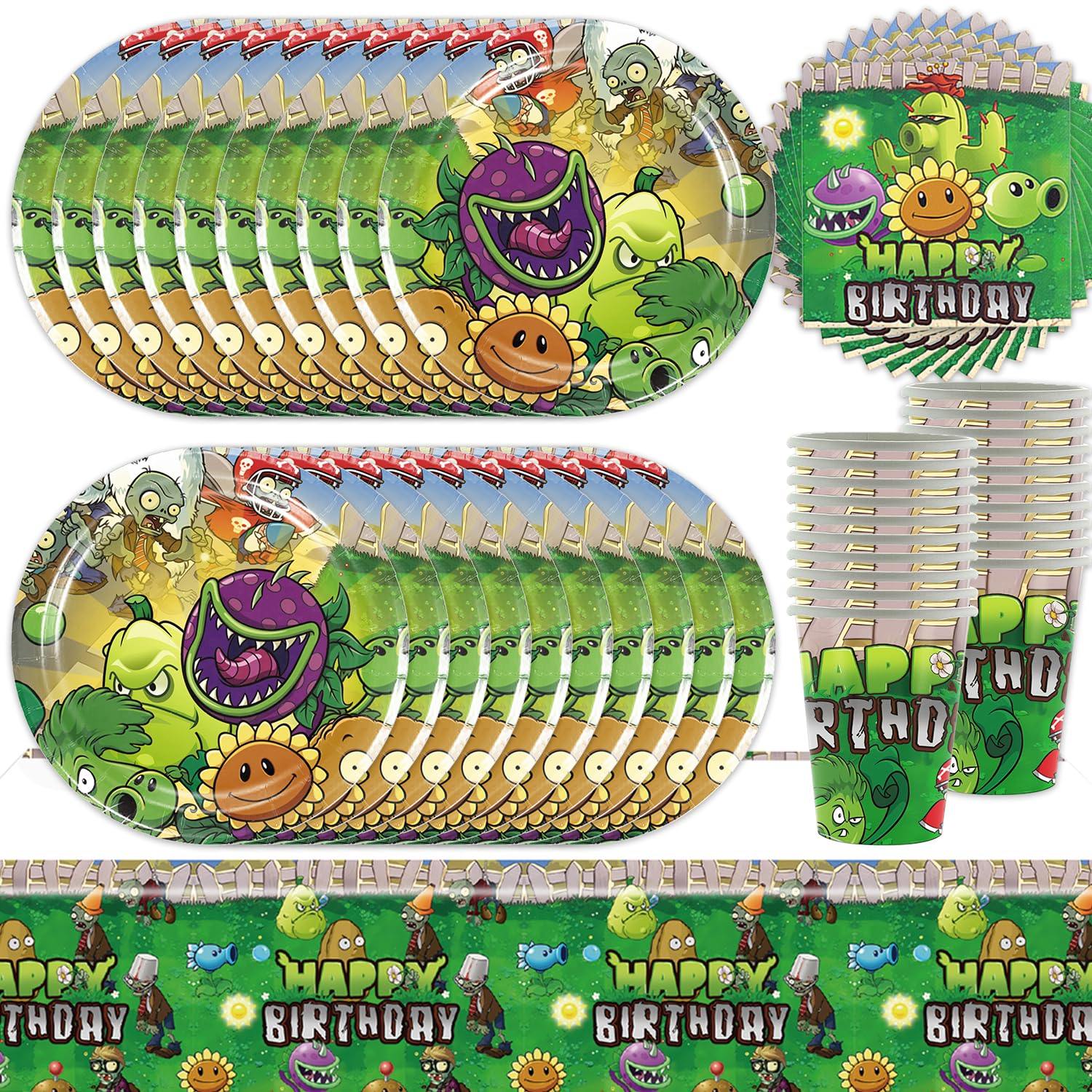 61Pcs Plant Birthday Tableware Set, Zombie Party Decoration Supplies, Kinder Party Decoration Supplies, Zombie Tableware Includes Plates, Tissue Plates, Paper Cups, Tablecloths (20 Guests)