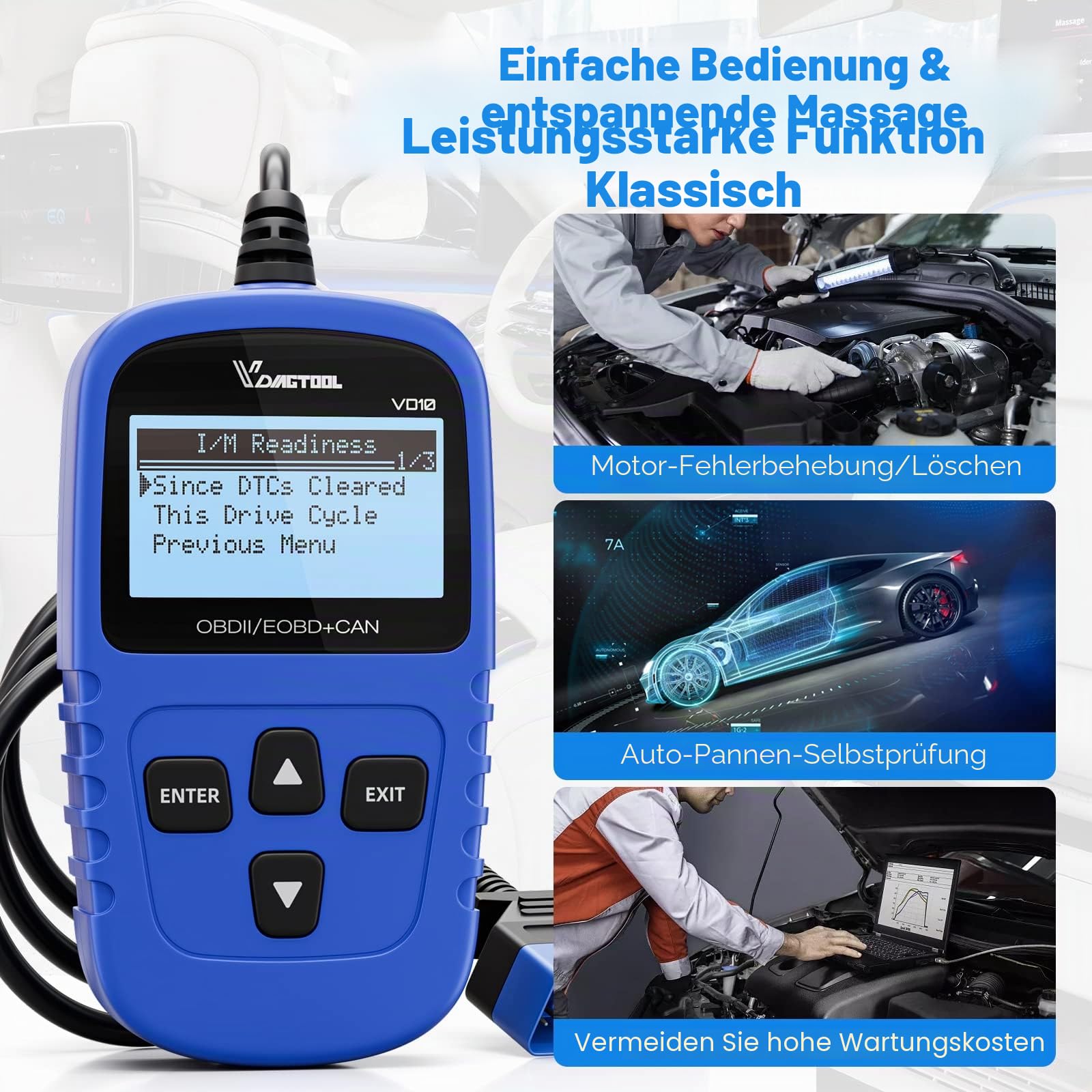 VDIAGTOOL VD10 OBD2 Diagnosegerät für EOBD Fahrzeuge, Diagnosegerät Auto Mit Live-Daten/I/M Bereitschaft, Universal OBD-Scanner Adapter, Auslesegerät Auto Diagnose für Alle OBD II Protokoll-kfzs