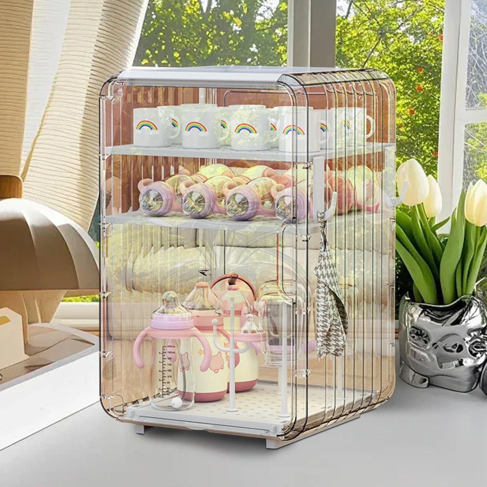 Aufbewahrungs-Organizer für Babyflaschen, Besteck, groß, staubdicht, transparent, Flaschenhalter für Tisch, Kühlschrank, Kinderzimmer, Schlafzimmer, Schrank, Schlafsaal, Badezimmer, Küche