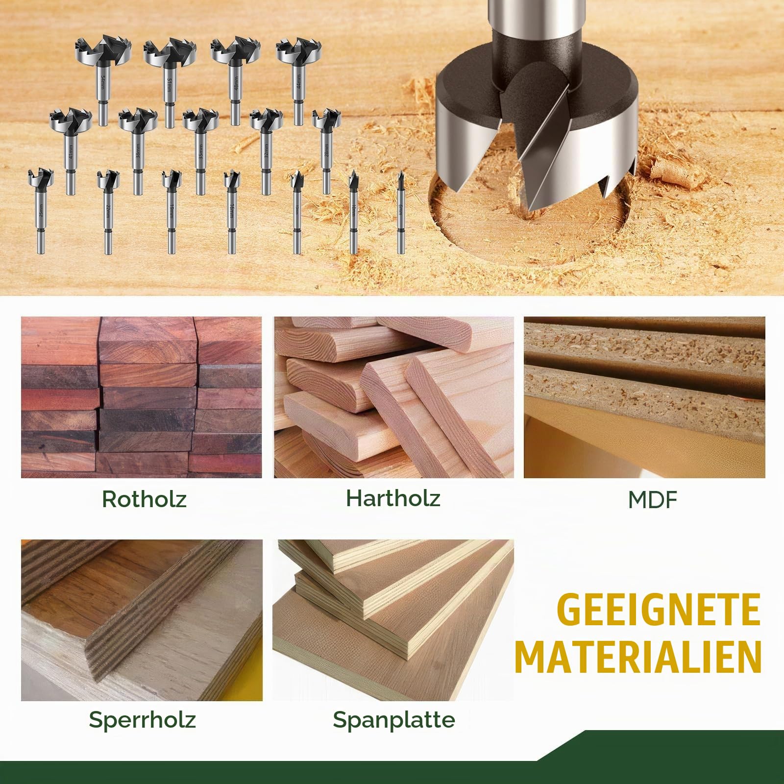 WildFun Forstnerbohrer Set 16tlg für Holz, Hochwertige Forstnerbohrer für die Holzbearbeitung, Holzbohren mit Rundschaft, Bohrerzubehör, Ø6-54mm mit Aufbewahrungskoffer