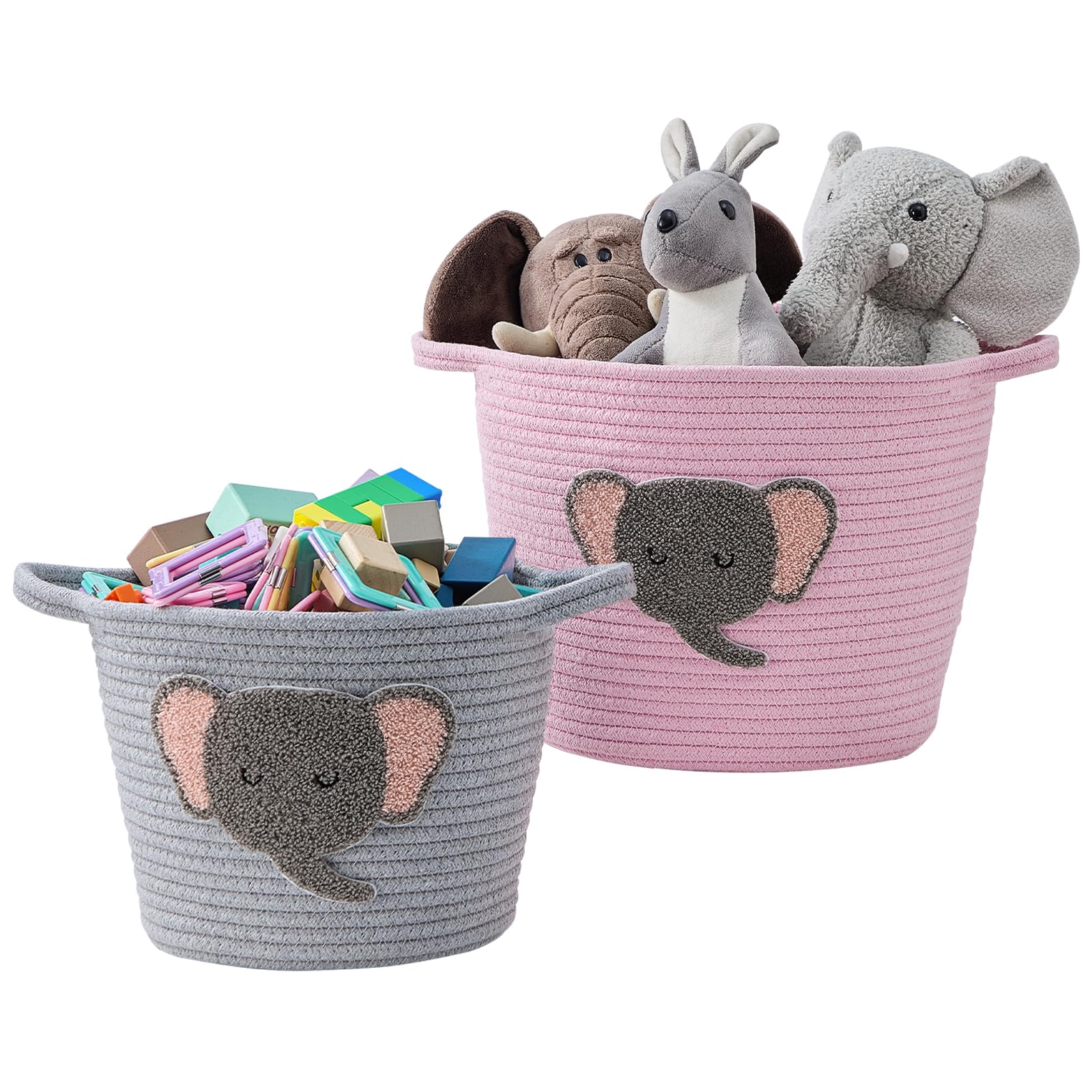 Elefanten-Seil-Aufbewahrungskörbe für Babys – 2er-Set handgewebte Baumwollkörbe mit Griffen in Rosa & Grau – Faltbare Organizer für Spielzeug, Windeln, Kleidung, Kinderzimmer & Wohnzimmer